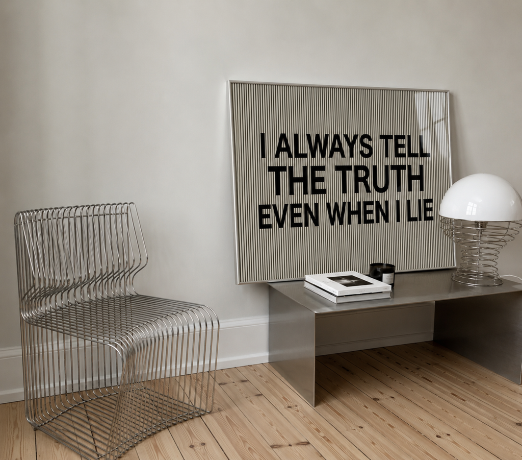 hand drawn Playful Funny typography print with the phrase "I ALWAYS TELL THE TRUTH EVEN WHEN I LIE" in a retro striped neutral canva. This is a trendy funny typography wall art print ideal for above bed, bedrooms, dorm room decor, living rooms and kitchens, gallery walls and playful interiors. The perfect Cool Girl Apartment decor