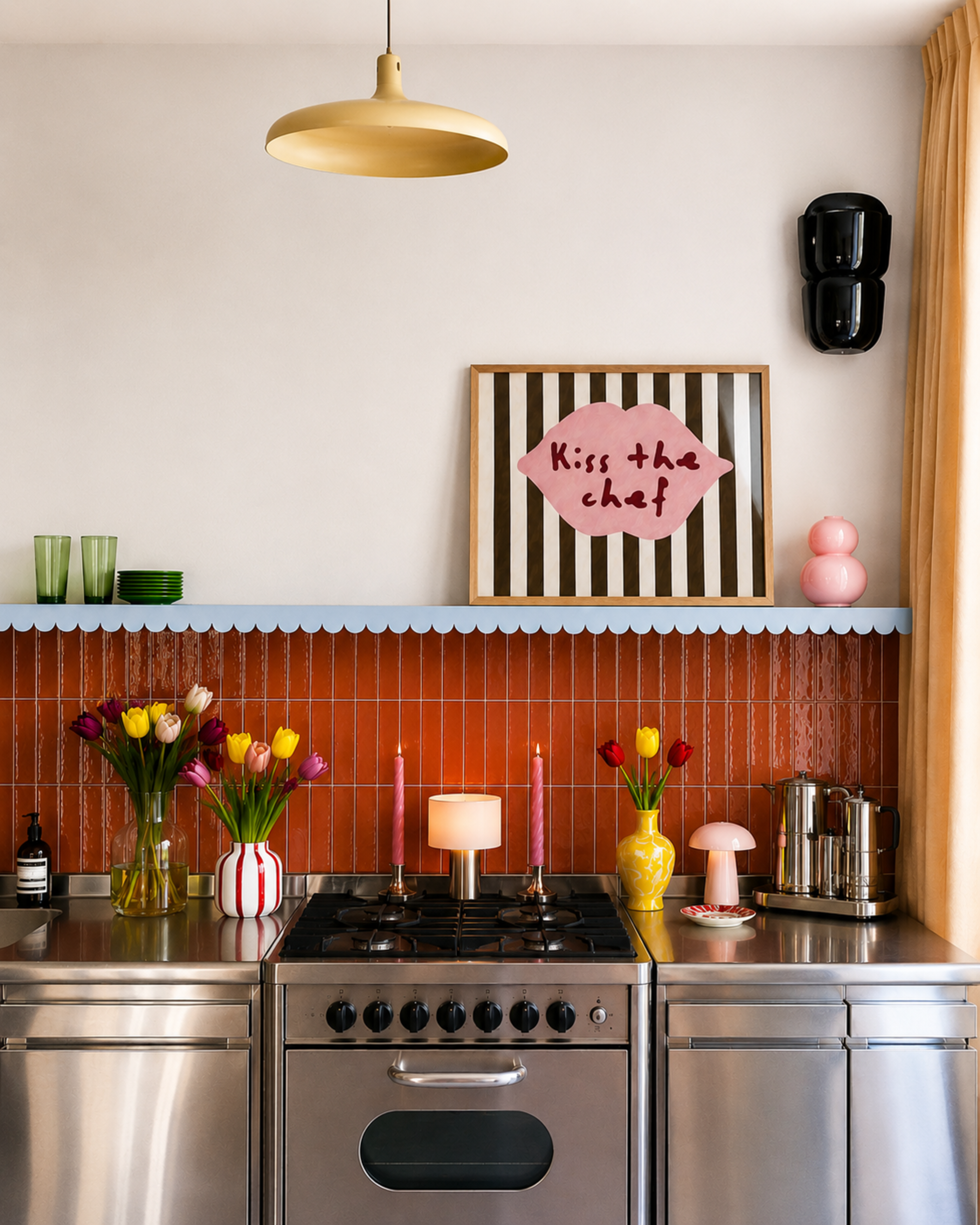 Playful Kitchen Funny Typography wall art with Handwritten quote "Kiss the chef" on a retro striped background in ruby blue tones with lips motif. This is a hand drawn Oil Painting kitchen art Print decor.