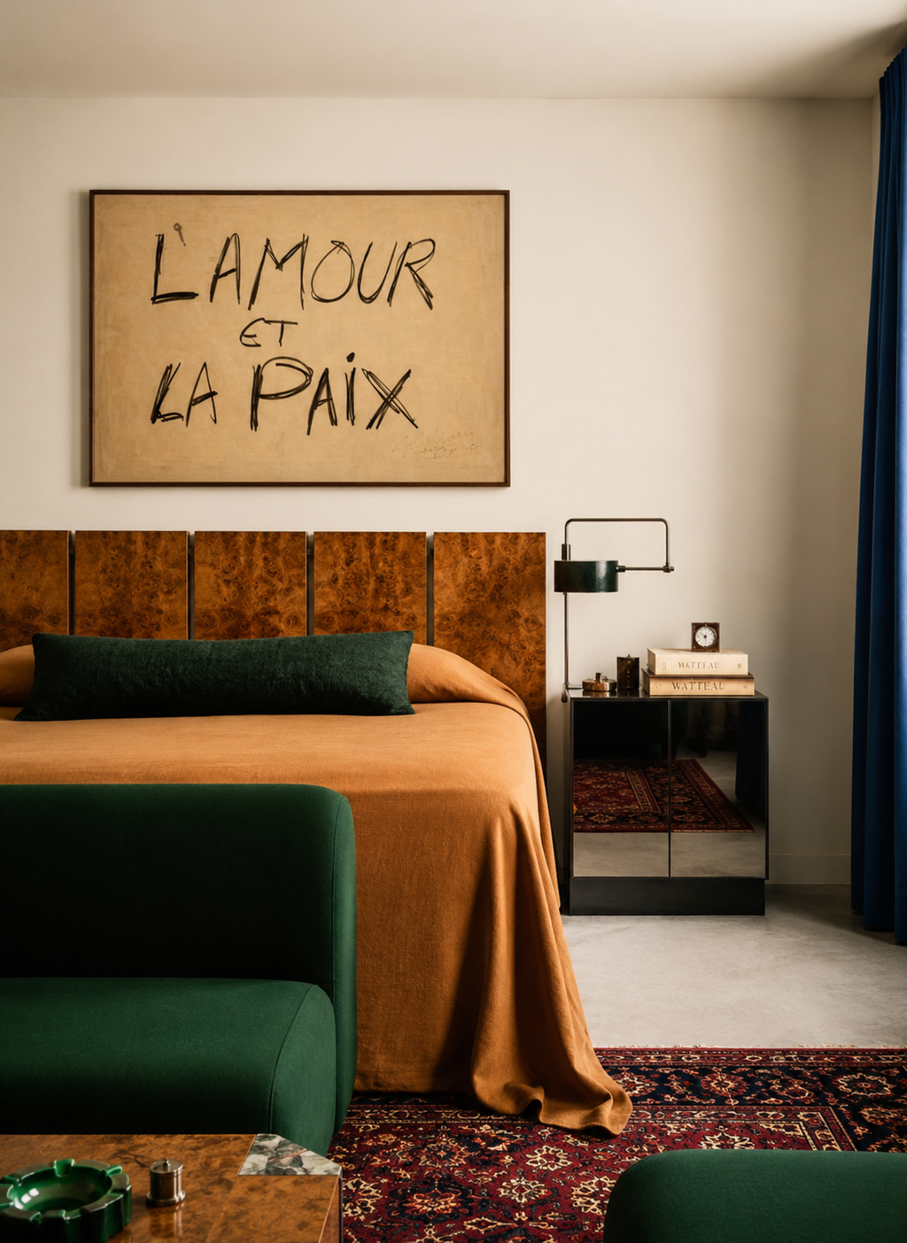 hand drawn Retro Minimalist French typography print with the phrase "L AMOUR ET LA PAIX" in a retro neutral canva. This is a trendy minimalist typography wall art print ideal for above bed, bedrooms, dorm room decor, living rooms and kitchens, gallery walls and playful interiors. The perfect Cool Girl Apartment decor