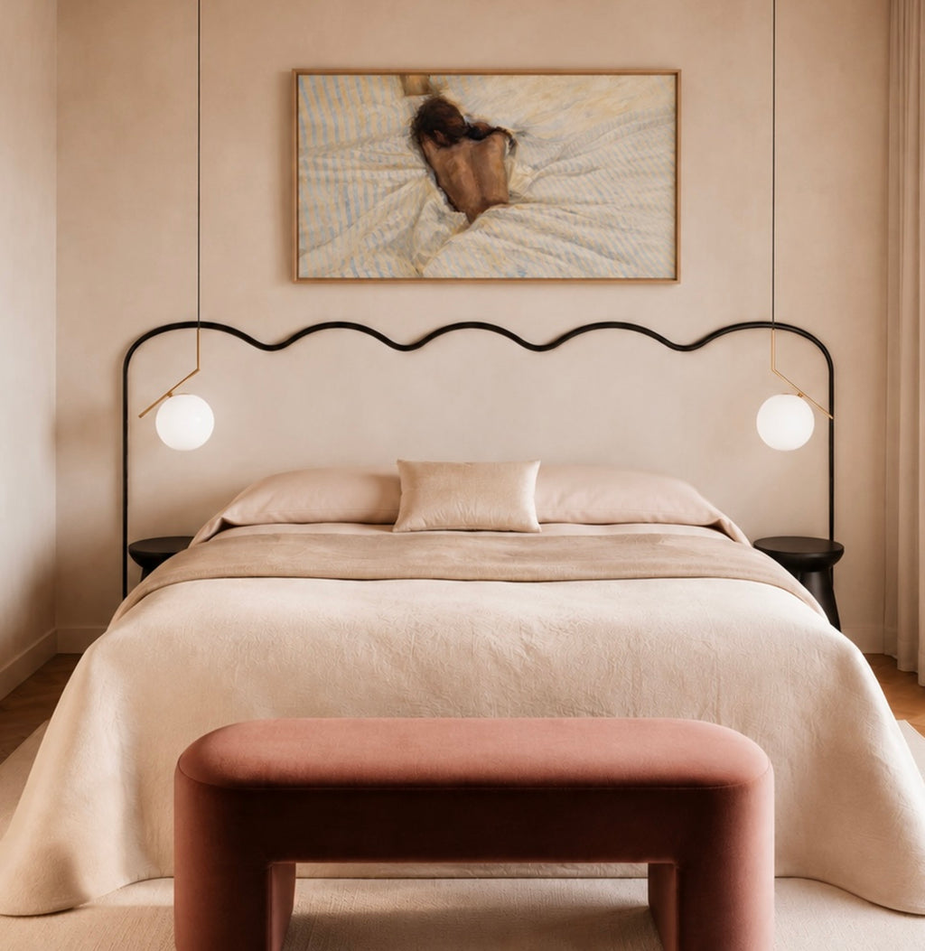 the art of staying is a hand painted wall art print of a sleeping womam in striped bedding, in light blue and butter yellow tones, inspired by slow mornings and nostalgic interiors, symbolizing quiet luxury and unhurried mornings. Horizontal above bed oil painting wall art print . sunday morning aesthetic intimate wall art