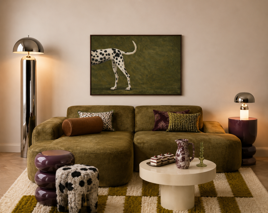 the spotty exit is a hand painted Minimalist Contemporary wall art print of a dalmatian dog partially visible against a khaki green background, inspired by quiet luxury interiors with expressive painterly texture. Minimalist Mid century modern dalmatian dog oil painting in cinematic nostalgia composition.