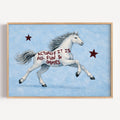 A surreal Symbolic artwork featuring a White Horse running against a pale blue background with Burgundy stars. The Horse has handwritten quote "Actually It Is All Fun and Games". This is a hand drawn Contemporary Folk art Print Oil Painting.