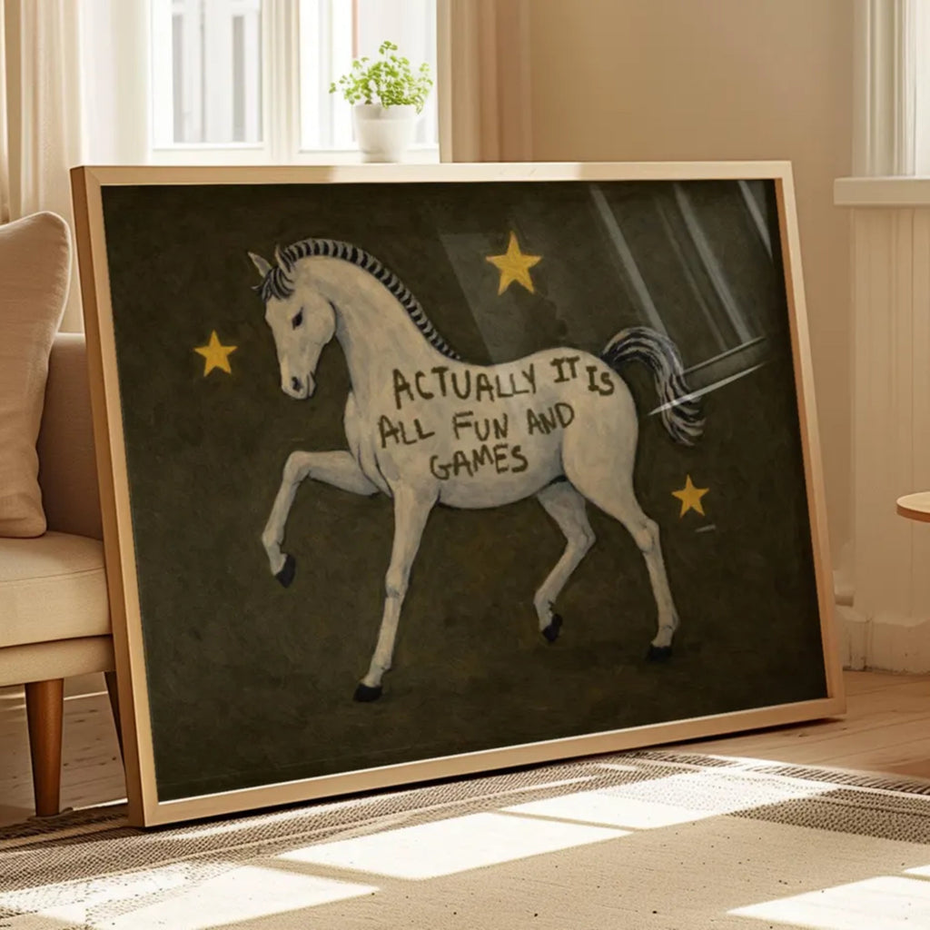 A surreal Symbolic artwork featuring a White Horse running against a khaki background with stars. The Horse has handwritten quote "Actually It Is All Fun and Games". This is a hand drawn Contemporary Folk art Print Oil Painting