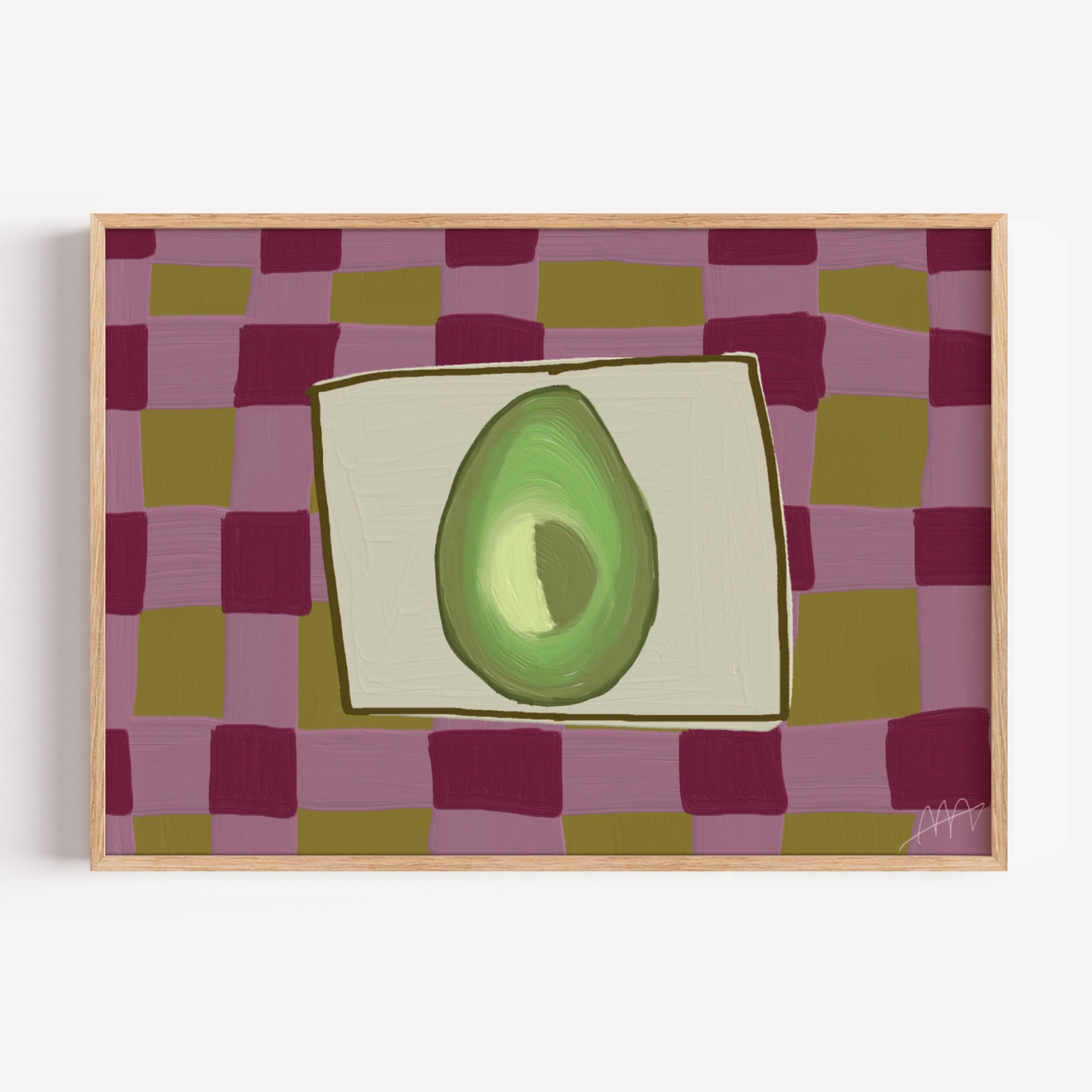 Playful Hand drawn Kitchen wall art with a still life avocado illustration on a pink purple and olive green checkerboard pattern background. This is a hand drawn Oil Painting kitchen and bar cart art Print decor for playful kitchens, dining spaces and eclectic interiors.