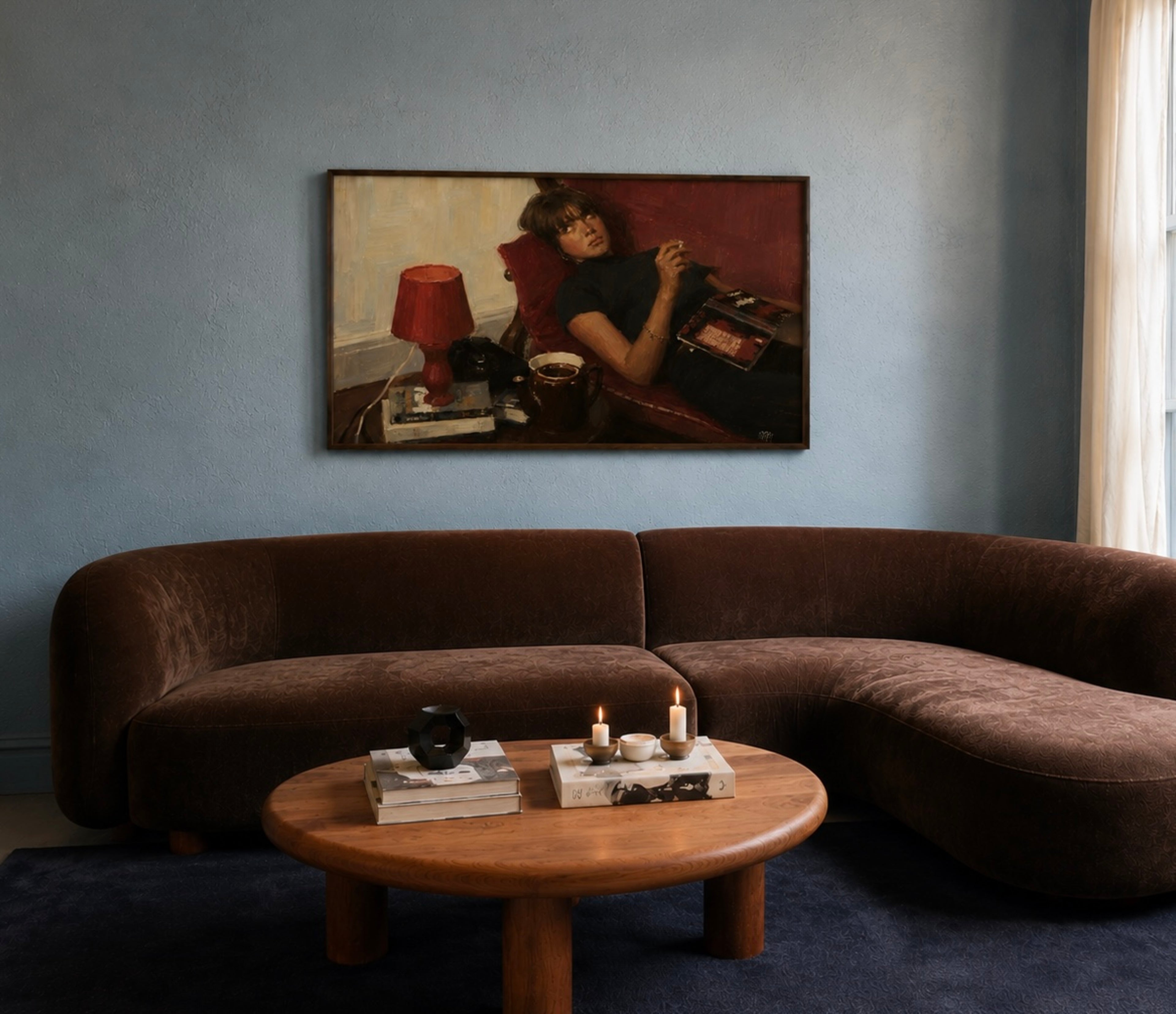 the things we dont say is a hand painted retro nostalgic contemporary figurative wall art print of a woman smoking on a red sofa, inspired by contemporary figurative painting, cinematic images, the melancholy beauty of old films, bringing storytelling, atmosphere and fashion. large textured canva oil painting wall art print