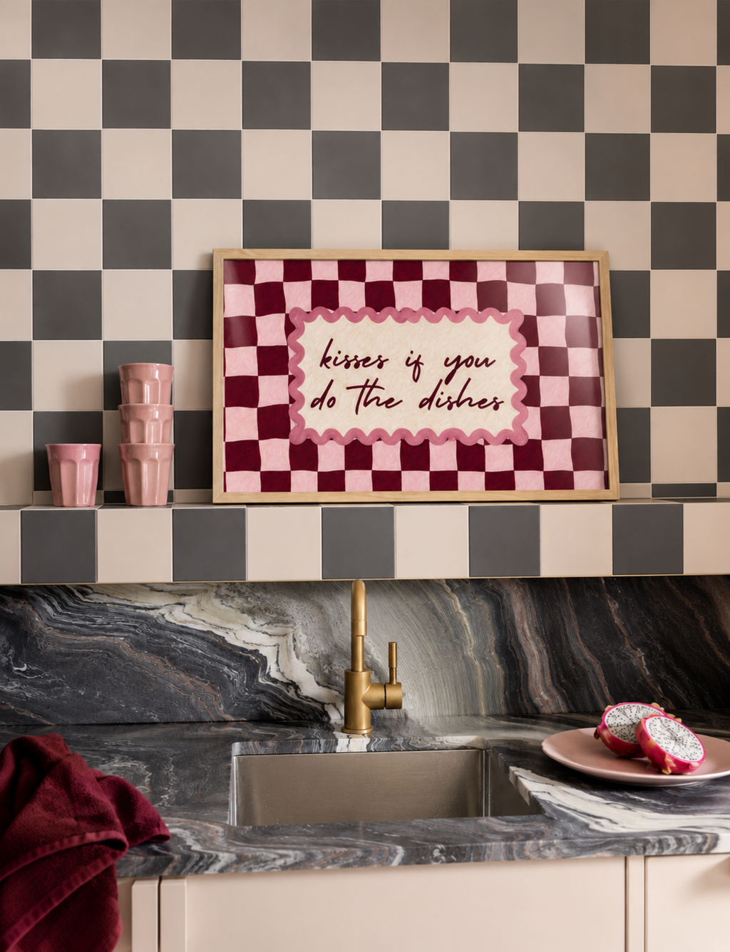 Playful Kitchen Funny Typography wall art with Handwritten quote "Kisses if you do the dishes" on a retro checkered - checkerboard pattern in burgundy tones. This is a hand drawn Oil Painting kitchen art Print decor.