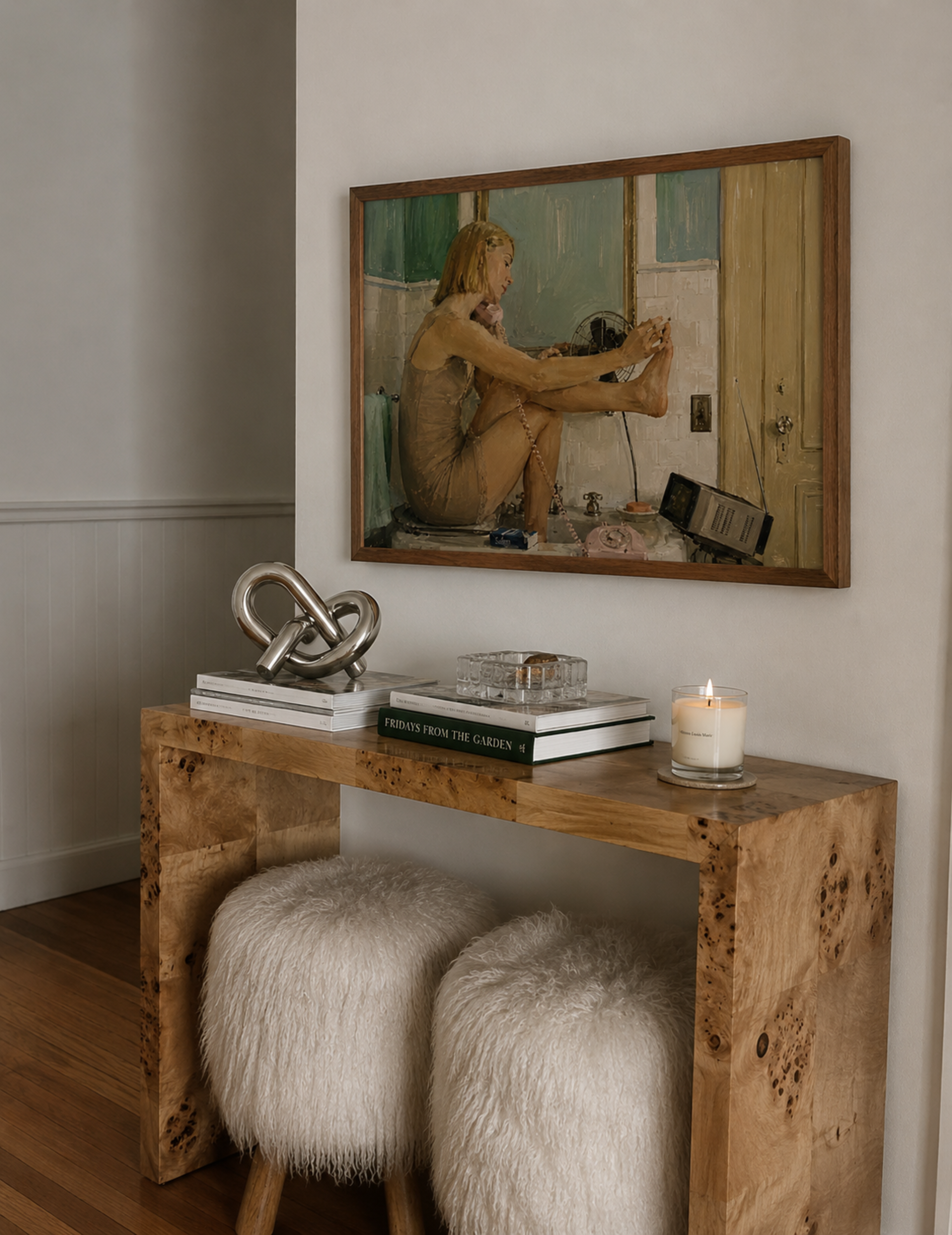 You used to be a genius is a hand painted contemporary figurative wall art print of a woman Margot Tenenbaum, in the bathroom painting her nails, inspired by contemporary figurative painting, cinematic images, the melancholy beauty of old films in a Wes Anderson aesthetic, bringing storytelling, atmosphere. large textured canva oil painting wall art print