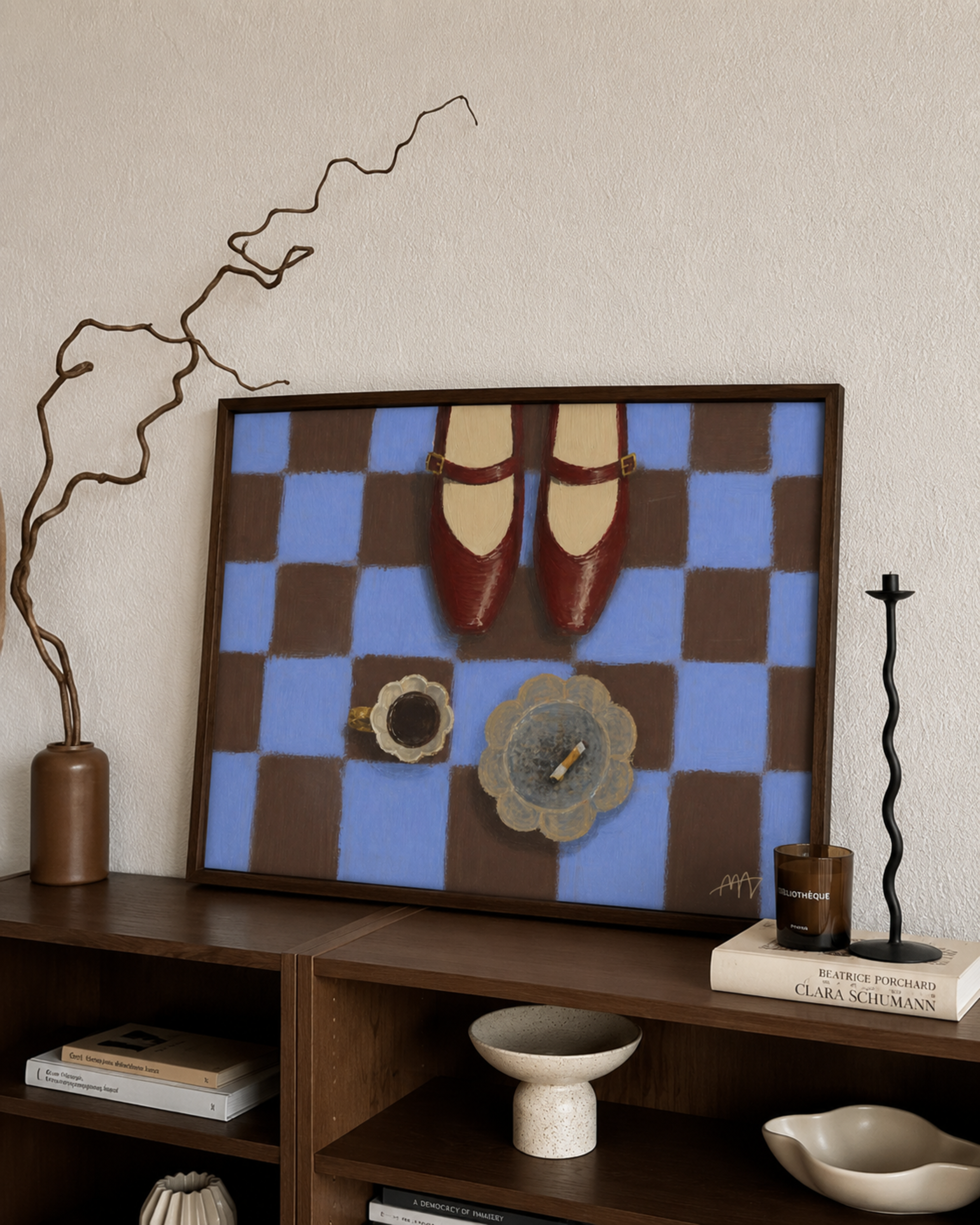in between meetings is a hand painted still life wall art print featuring mary janes, a cup of coffee and cigarettes, on a checkerboard pattern, inspired by contemporary modern visual culture, fashion editorials and European cafes. Horizontal playful large canva oil painting wall art print