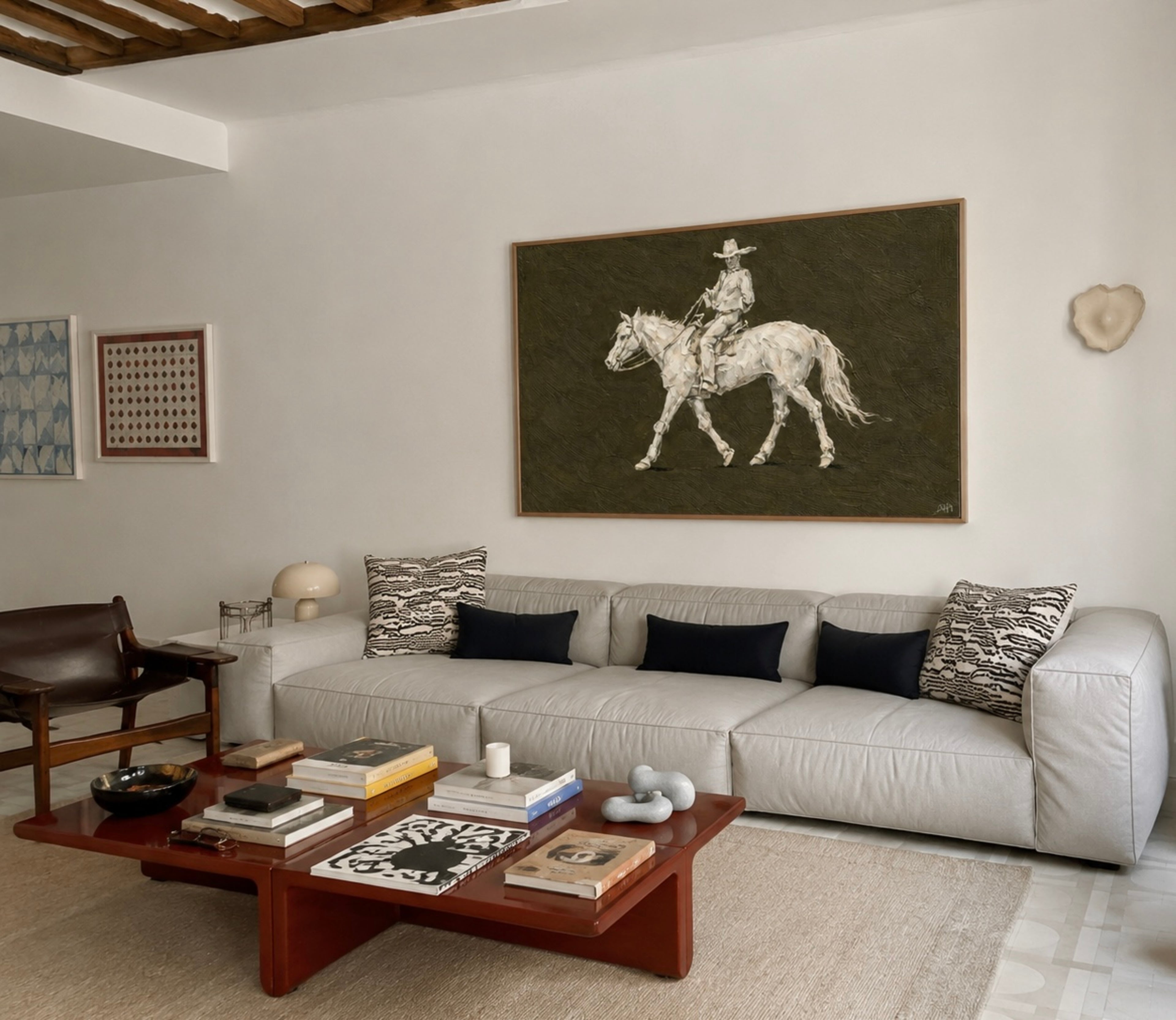 The Lone Rider is a minimalist Western Horse Artwork Featuring solitary rider cowboy on horseback against Khaki background. This is a western Cowboy Oil painting wall art with painterly effect
