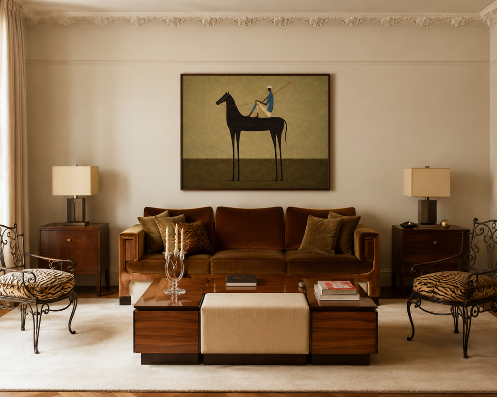 Minimalist Figurative Polo Horse Art print featuring a Polo Player Rider in earthy khaki tones and painterly texture. This is a Hand drawn oil painting print