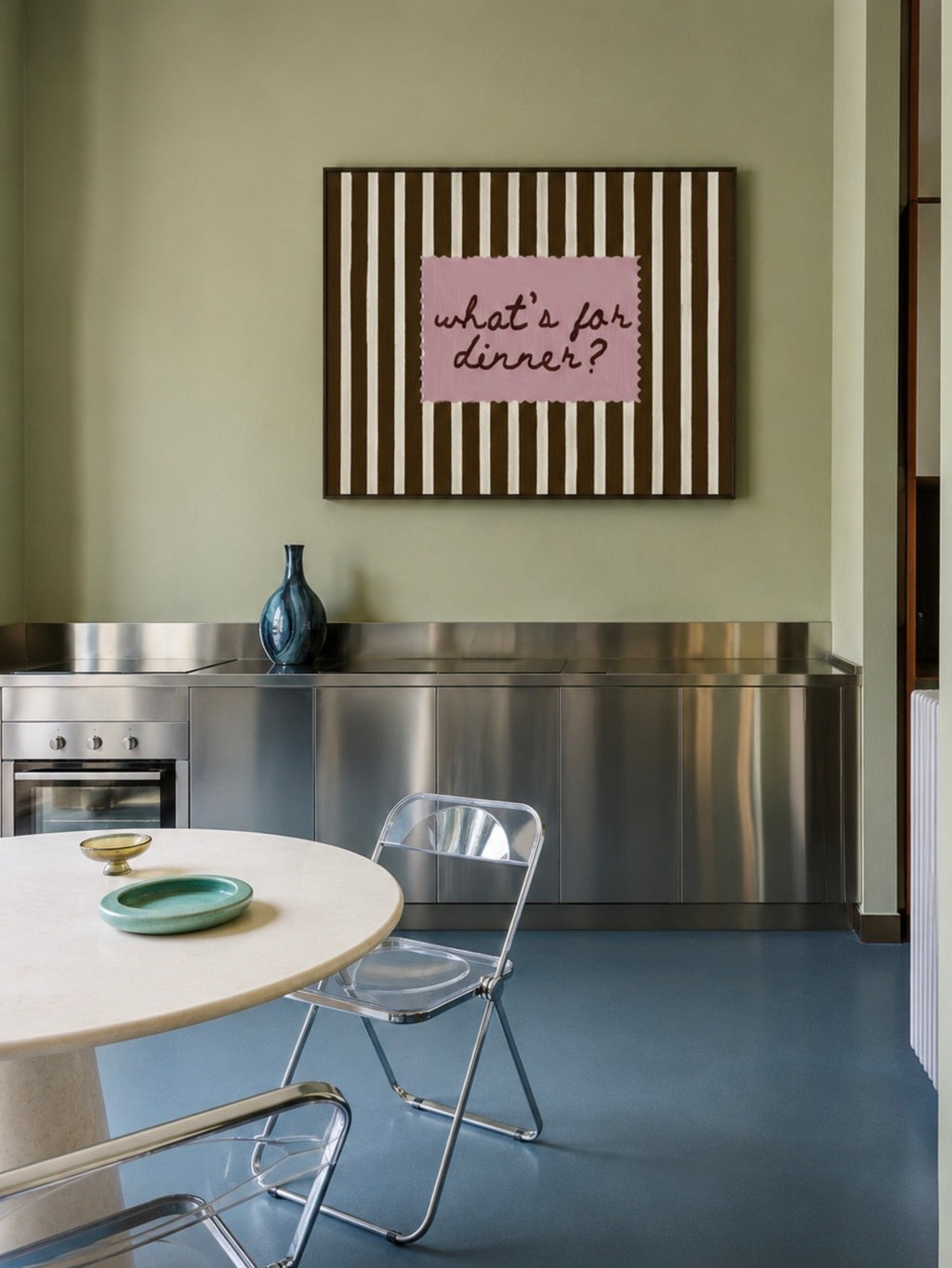 Playful Kitchen Funny Typography wall art with Handwritten quote "What's for dinner?" on a retro striped background in earthy khaki and off white tones. This is a hand drawn Oil Painting kitchen art Print decor.