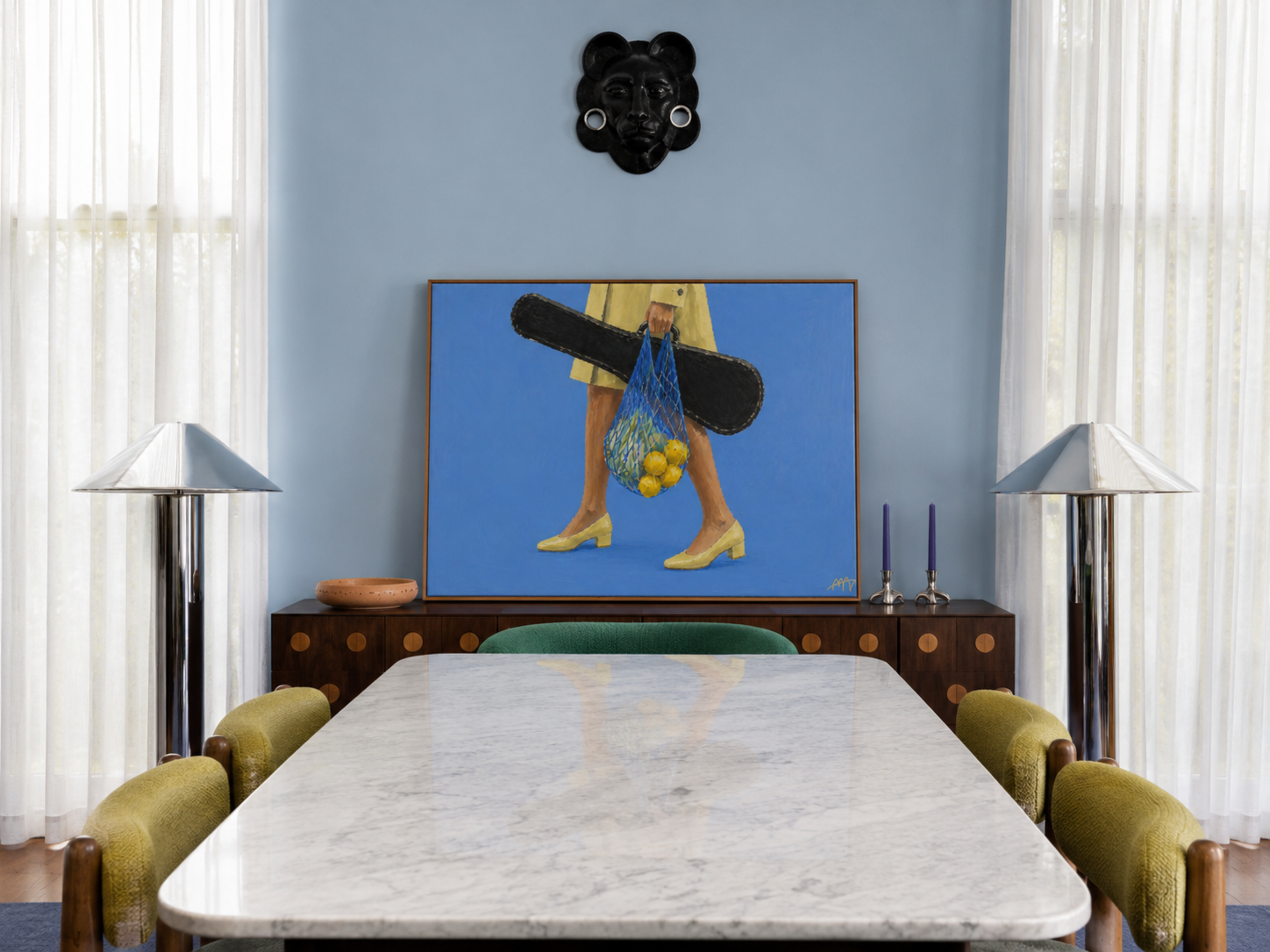The Lemon Walk hand painted Contemporary and figurative wall art of a woman carrying lemons in a net bag alongside a guitar case against a blue background with expressive painterly texture. Minimalist Mid century modern Summer oil painting with lemons, vintage heels and a guitar case in cinematic composition