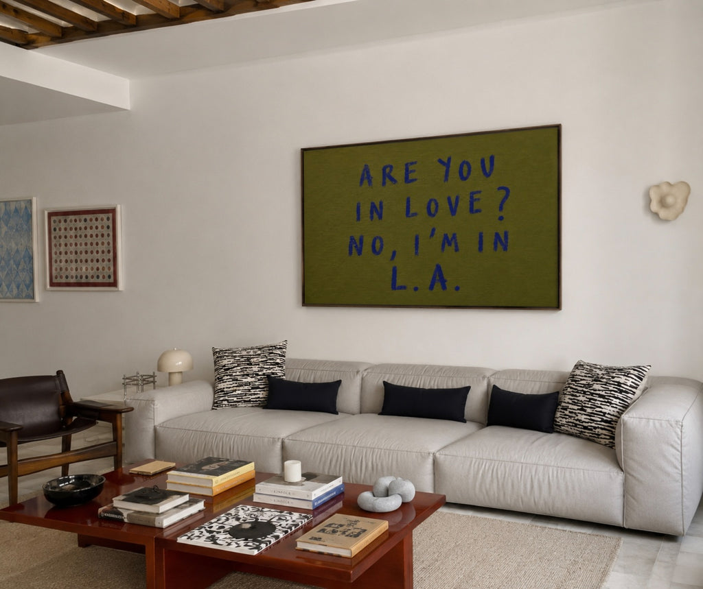hand drawn trendy location / city  typography print in grafitti style with the quote "ARE YOU IN LOVE? NO, IM IN L.A." in a textured canva. This is a trendy minimalist typography wall art print ideal for above bed, bedrooms, dorm room decor, living rooms and kitchens, gallery walls and playful interiors. The perfect Cool Girl Apartment decor