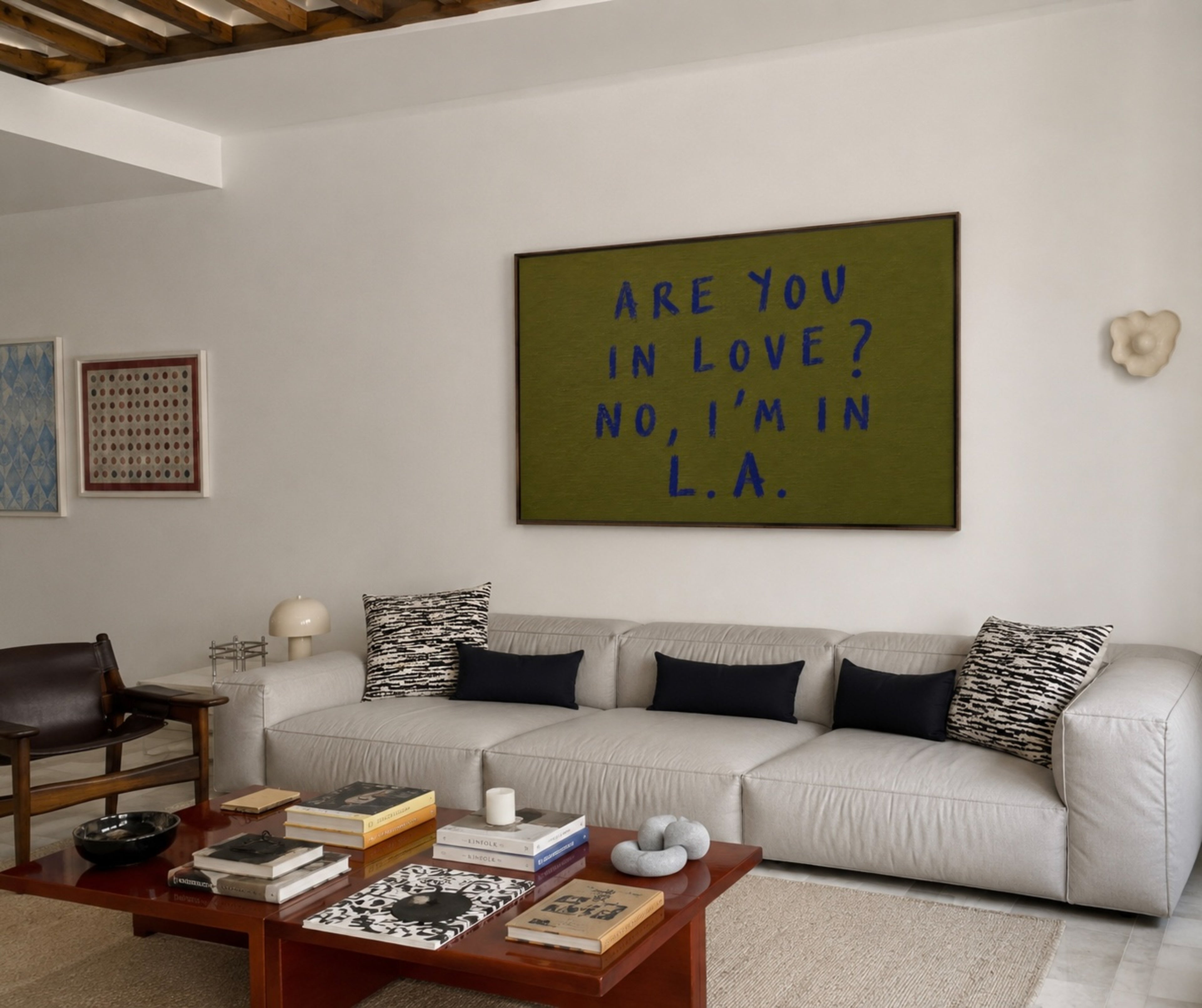 hand drawn trendy location / city  typography print in grafitti style with the quote "ARE YOU IN LOVE? NO, IM IN L.A." in a textured canva. This is a trendy minimalist typography wall art print ideal for above bed, bedrooms, dorm room decor, living rooms and kitchens, gallery walls and playful interiors. The perfect Cool Girl Apartment decor