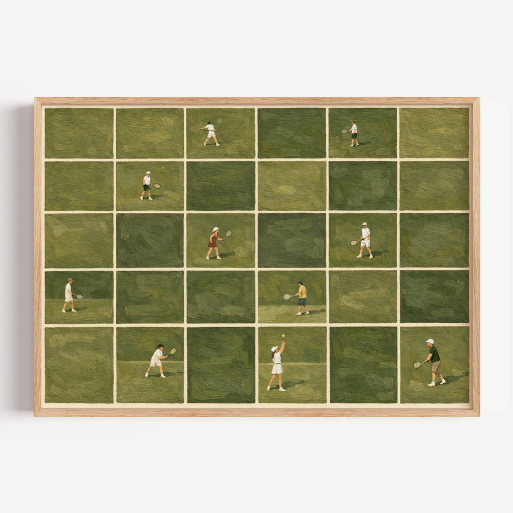 Minimalist Tiny Tennis Players Oil Painting Print, Horizontal Modern Abstract Tennis Sports Wall Art, Hand Drawn Aerial Tennis Court Poster