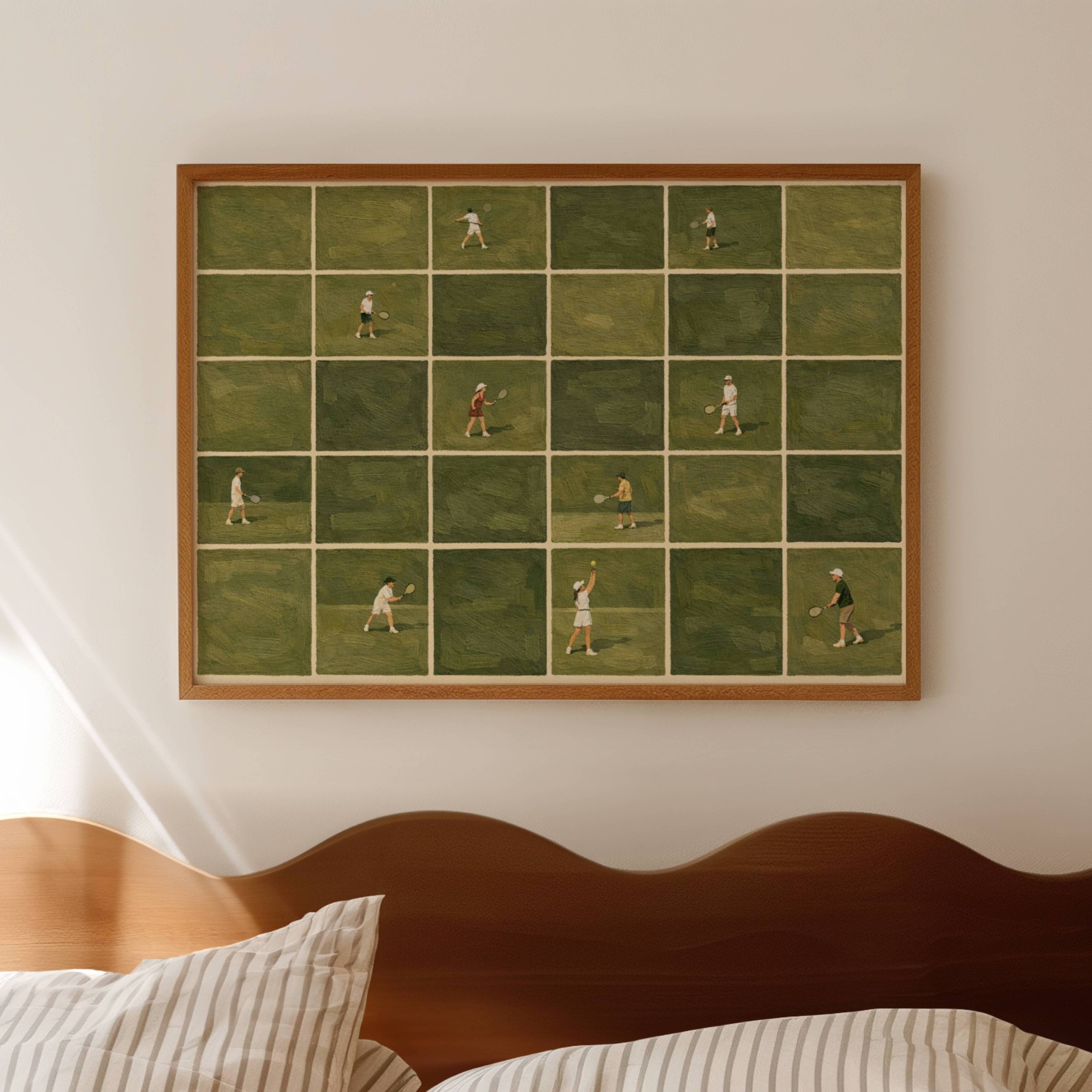 Minimalist Tiny Tennis Players Oil Painting Print, Horizontal Modern Abstract Tennis Sports Wall Art, Hand Drawn Aerial Tennis Court Poster