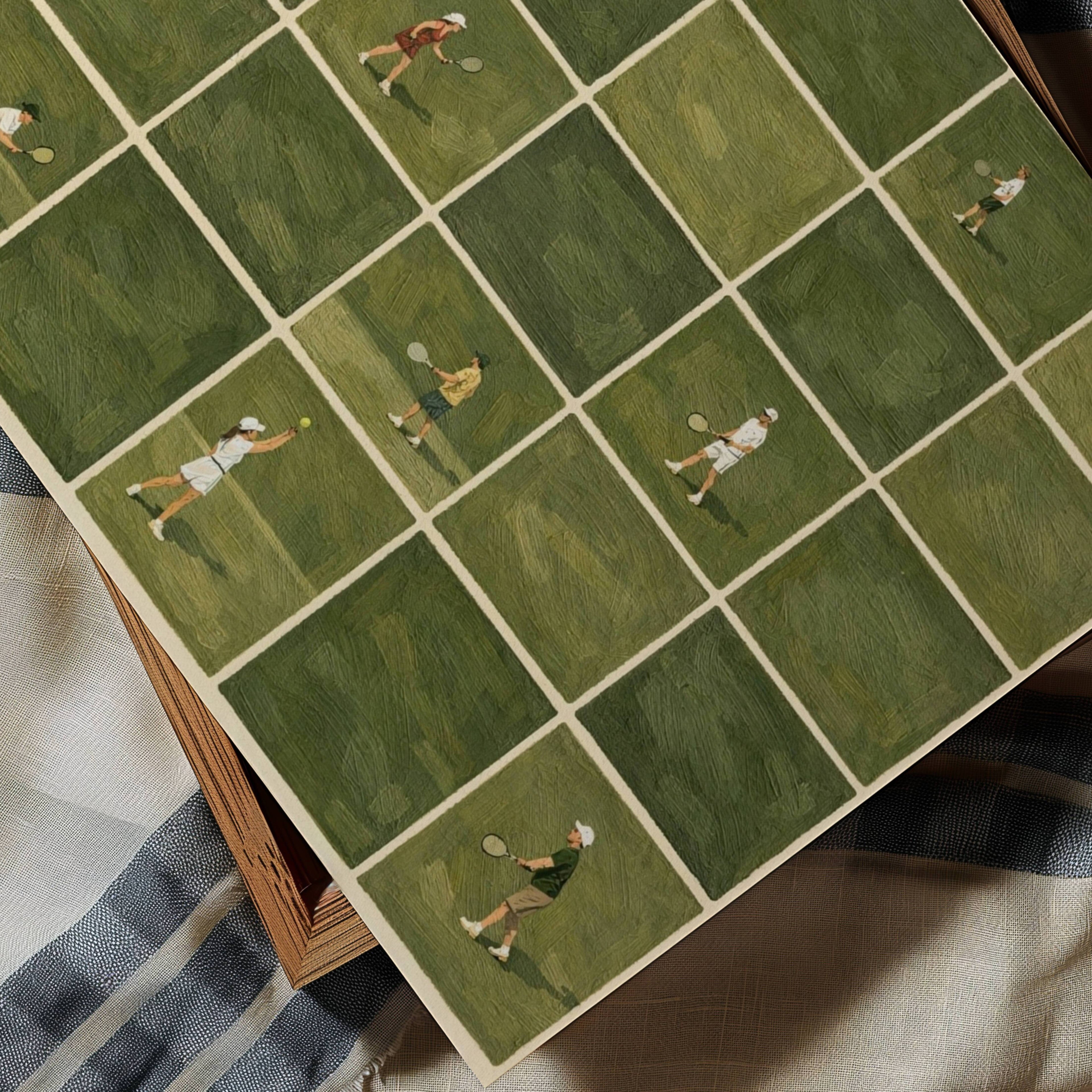 Minimalist Tiny Tennis Players Oil Painting Print, Horizontal Modern Abstract Tennis Sports Wall Art, Hand Drawn Aerial Tennis Court Poster