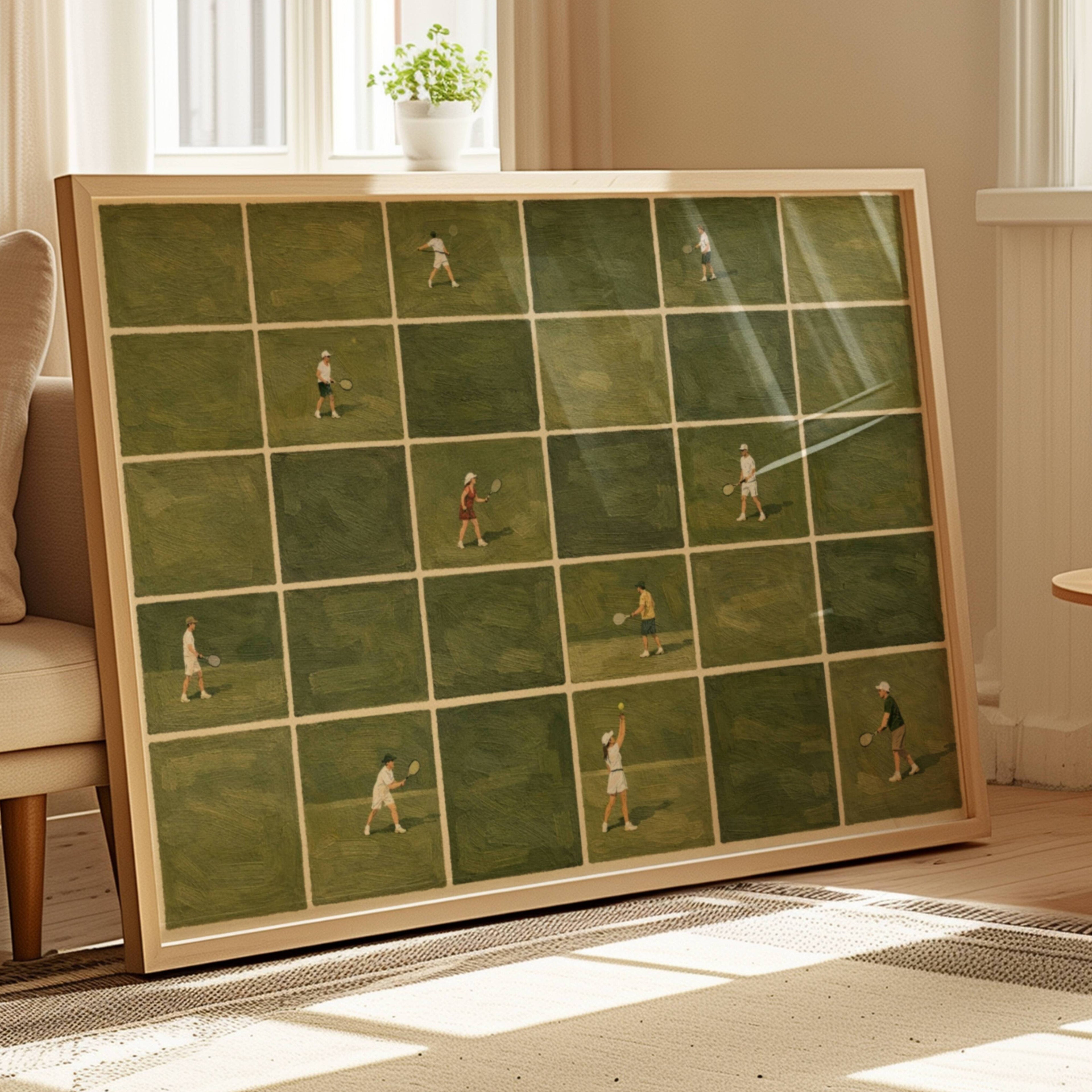Minimalist Tiny Tennis Players Oil Painting Print, Horizontal Modern Abstract Tennis Sports Wall Art, Hand Drawn Aerial Tennis Court Poster