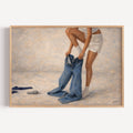blue jeans is a hand painted Contemporary and figurative feminine wall art print featuring a woman dressing in jeans, exploring femininity, intimacy and quiet daily rituals, against sandy neutral beige background with expressive painterly texture. Minimalist Mid century modern oil painting in cinematic nostalgia composition.
