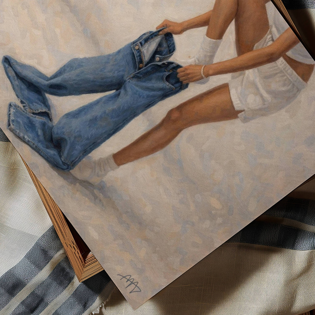 blue jeans is a hand painted Contemporary and figurative feminine wall art print featuring a woman dressing in jeans, exploring femininity, intimacy and quiet daily rituals, against sandy neutral beige background with expressive painterly texture. Minimalist Mid century modern oil painting in cinematic nostalgia composition.
