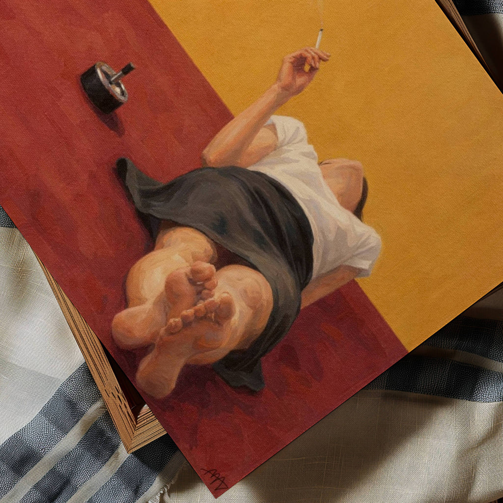 Burning Time hand painted Contemporary and figurative wall art of a reclining woman smoking in warm red and ochre tones with expressive painterly texture. Minimalist Mid century modern oil painting in cinematic composition.