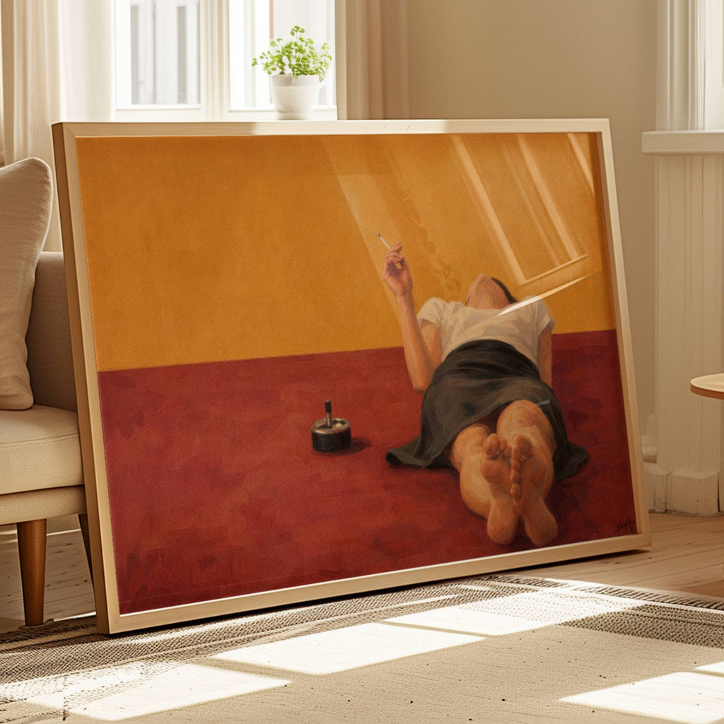 Burning Time hand painted Contemporary and figurative wall art of a reclining woman smoking in warm red and ochre tones with expressive painterly texture. Minimalist Mid century modern oil painting in cinematic composition.