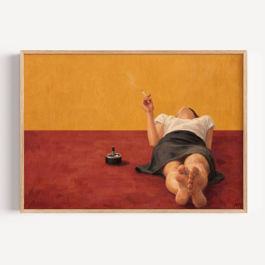 Burning Time hand painted Contemporary and figurative wall art of a reclining woman smoking in warm red and ochre tones with expressive painterly texture. Minimalist Mid century modern oil painting in cinematic composition.