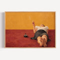 Burning Time hand painted Contemporary and figurative wall art of a reclining woman smoking in warm red and ochre tones with expressive painterly texture. Minimalist Mid century modern oil painting in cinematic composition.