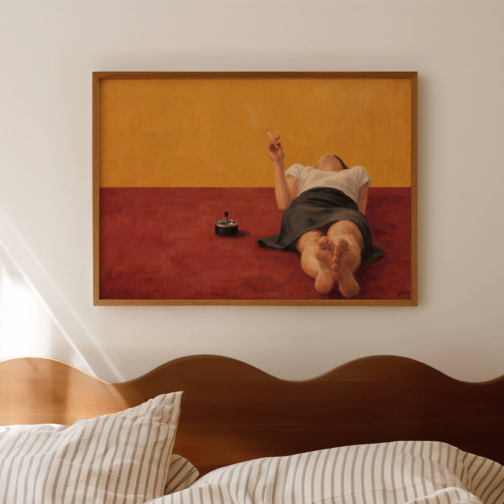 Burning Time hand painted Contemporary and figurative wall art of a reclining woman smoking in warm red and ochre tones with expressive painterly texture. Minimalist Mid century modern oil painting in cinematic composition.