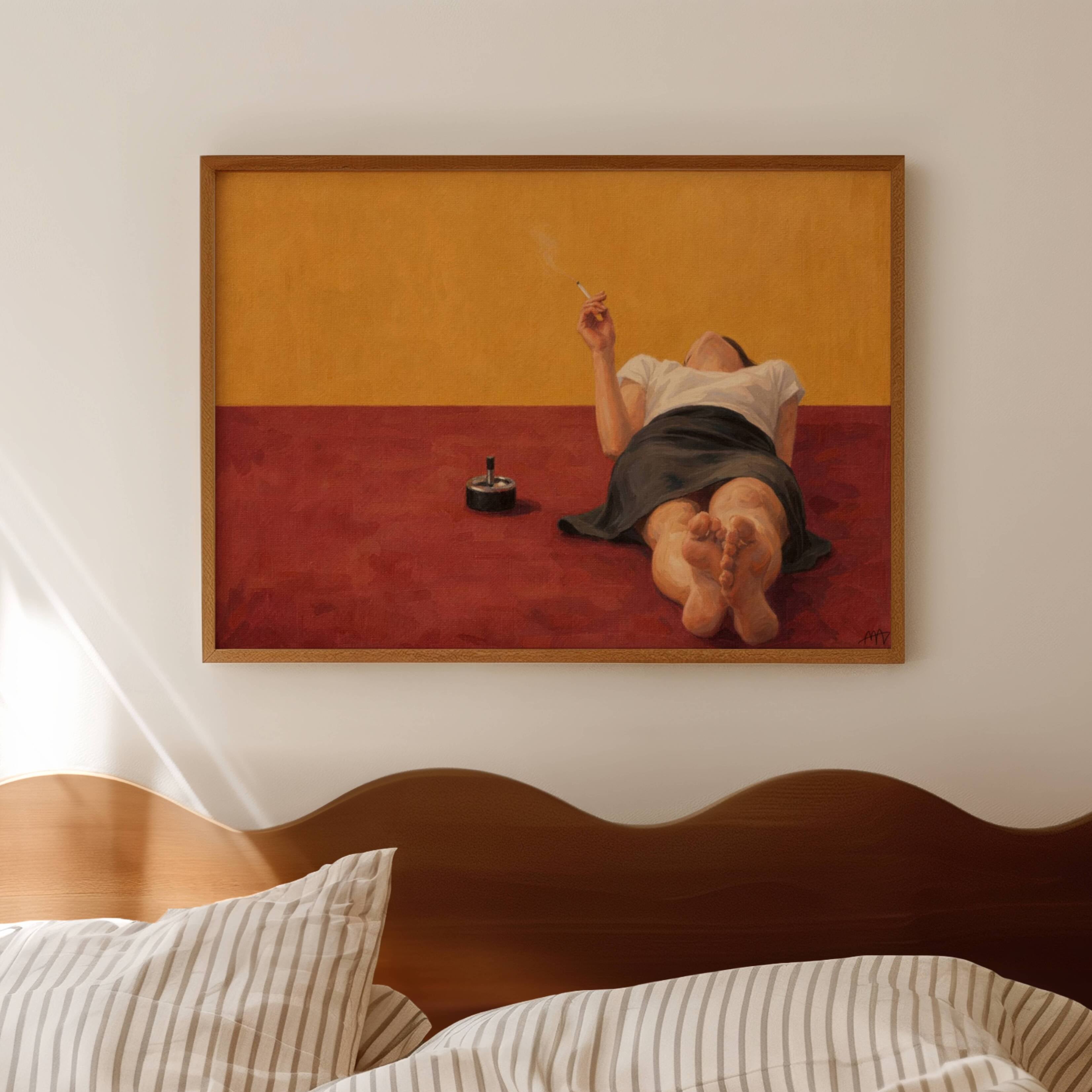 Burning Time hand painted Contemporary and figurative wall art of a reclining woman smoking in warm red and ochre tones with expressive painterly texture. Minimalist Mid century modern oil painting in cinematic composition.