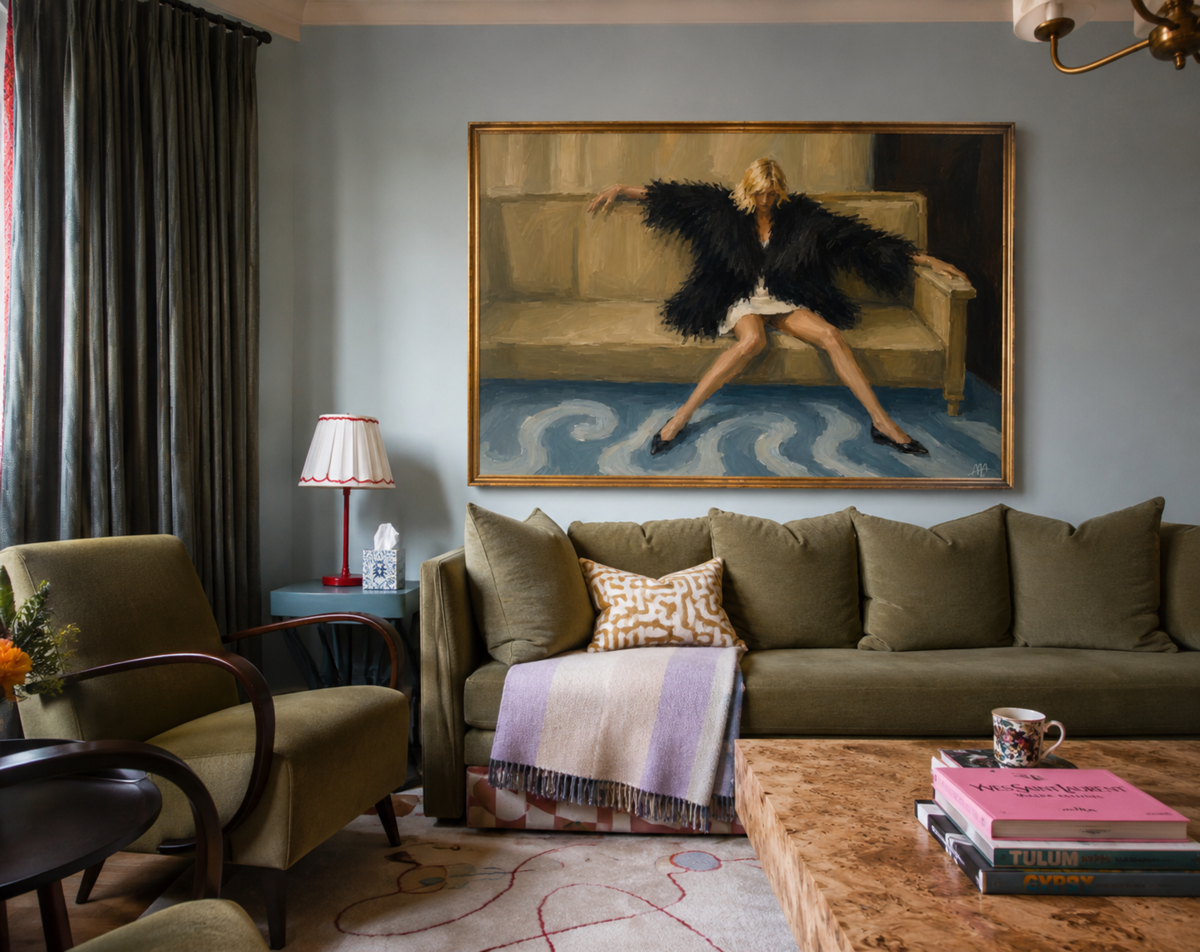 Main character fatigue is a hand painted contemporary figurative wall art print of a woman figure sitting on a sofa wearing a black feathery fur outfit, inspired by contemporary figurative painting, cinematic images, the melancholy beauty of old films, bringing storytelling, atmosphere and fashion. large textured canva oil painting wall art print