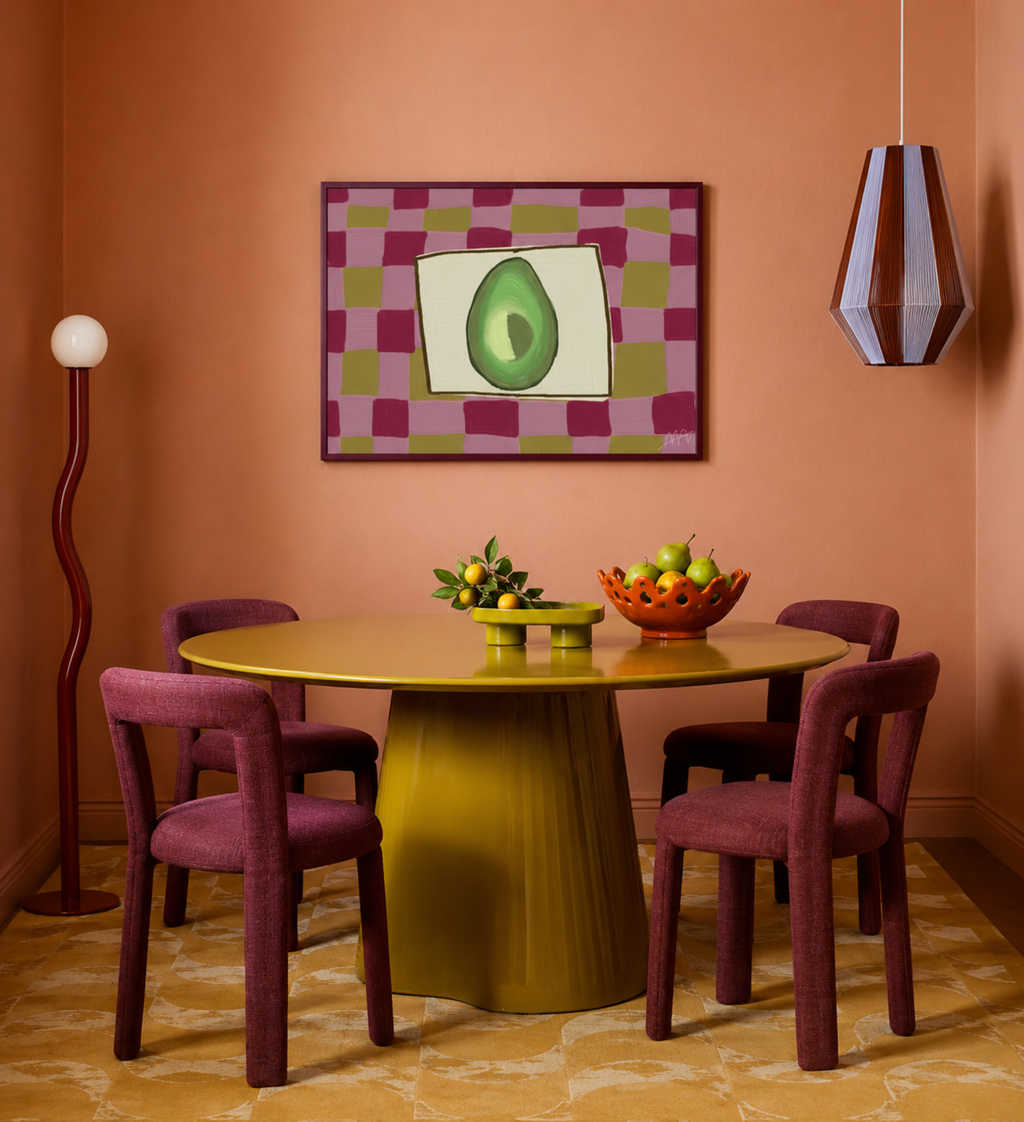 Playful Hand drawn Kitchen wall art with a still life avocado illustration on a pink purple and olive green checkerboard pattern background. This is a hand drawn Oil Painting kitchen and bar cart art Print decor for playful kitchens, dining spaces and eclectic interiors.