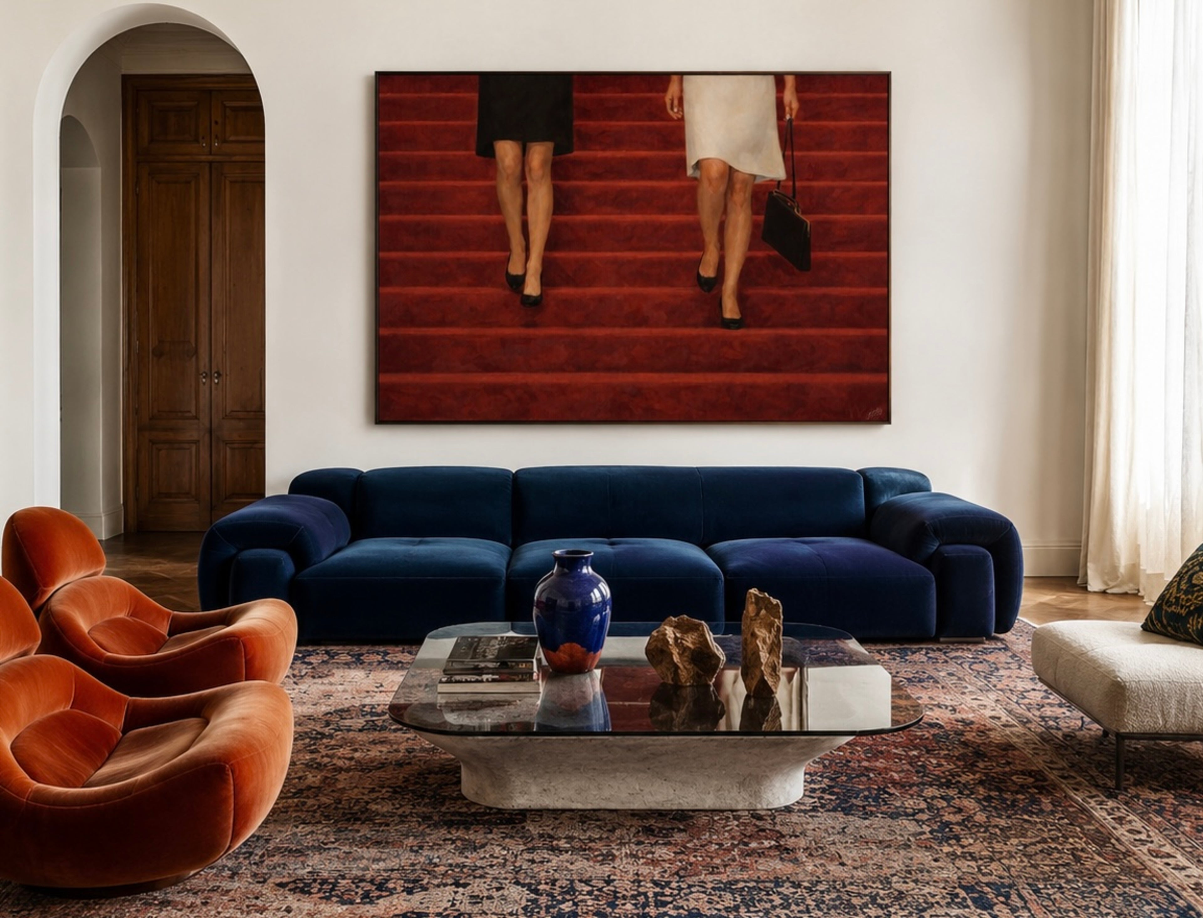 The red Staircase is a hand painted Contemporary and figurative wall art of two women descending deep red stairs, inspired by European cinema and nostalgic mid century aesthetics, against a red background with expressive painterly texture. Minimalist Feminine Mid century modern oil painting in cinematic nostalgia composition.