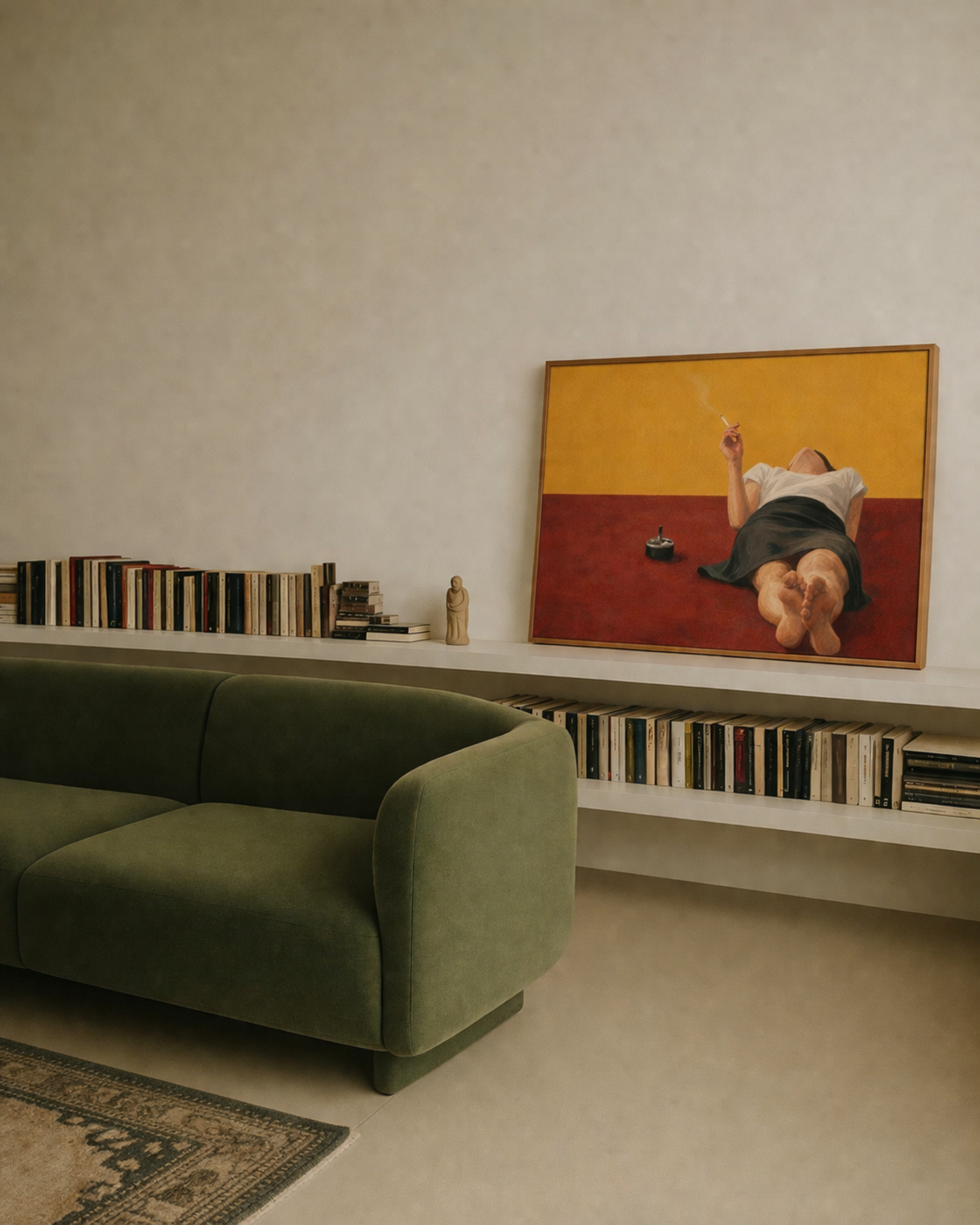 Burning Time hand painted Contemporary and figurative wall art of a reclining woman smoking in warm red and ochre tones with expressive painterly texture. Minimalist Mid century modern oil painting in cinematic composition.