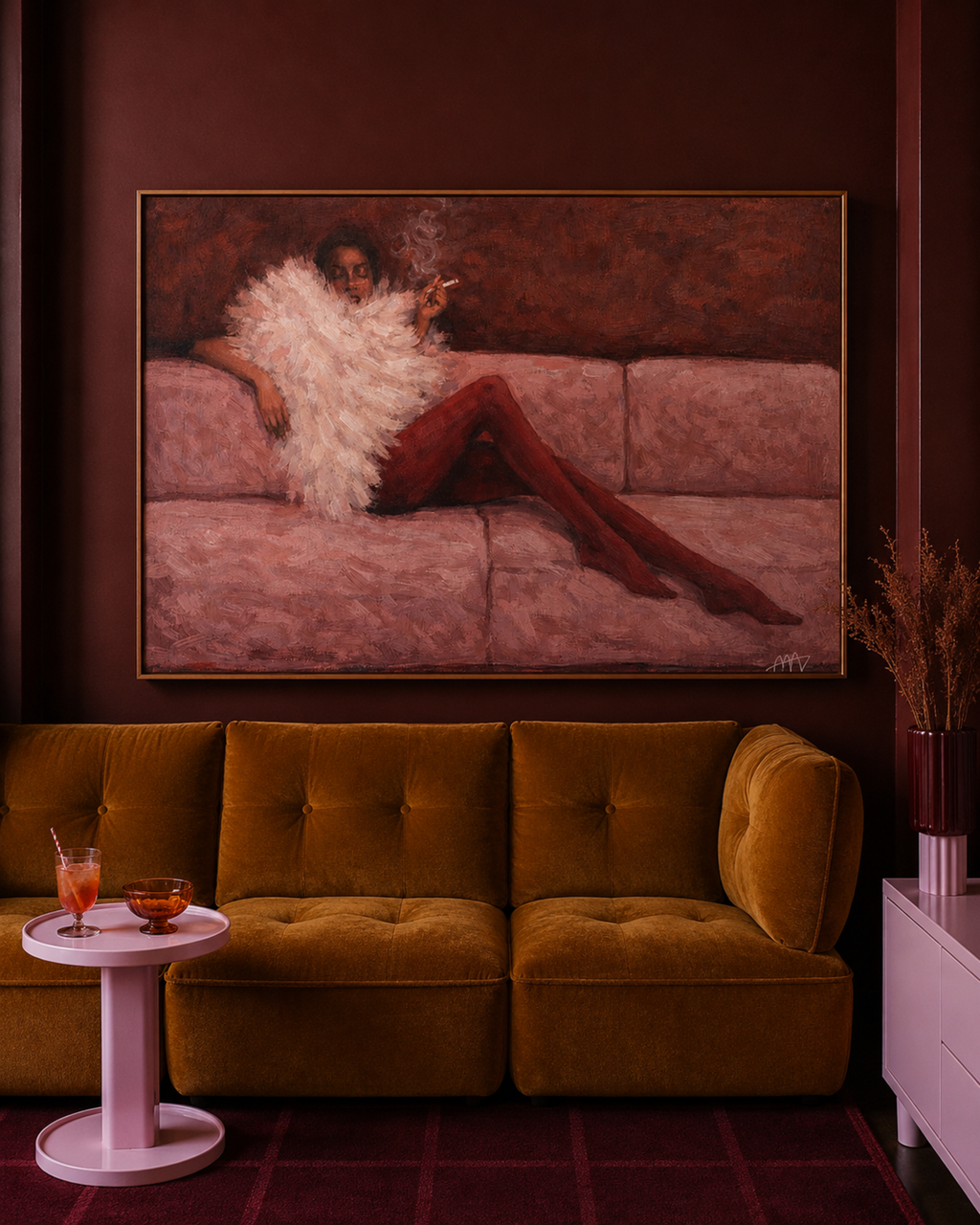 the last cigarette is a hand painted abstract fashion wall art print of a woman in a sofa wearing a fur and smoking cigarette in dusty pink and ruby tones, inspired by vintage glamour and maximalist cinematic luxury interiors, symbolizing femininity and nostalgic glamour. Mid century modern fashion woman smoking on a sofa oil painting