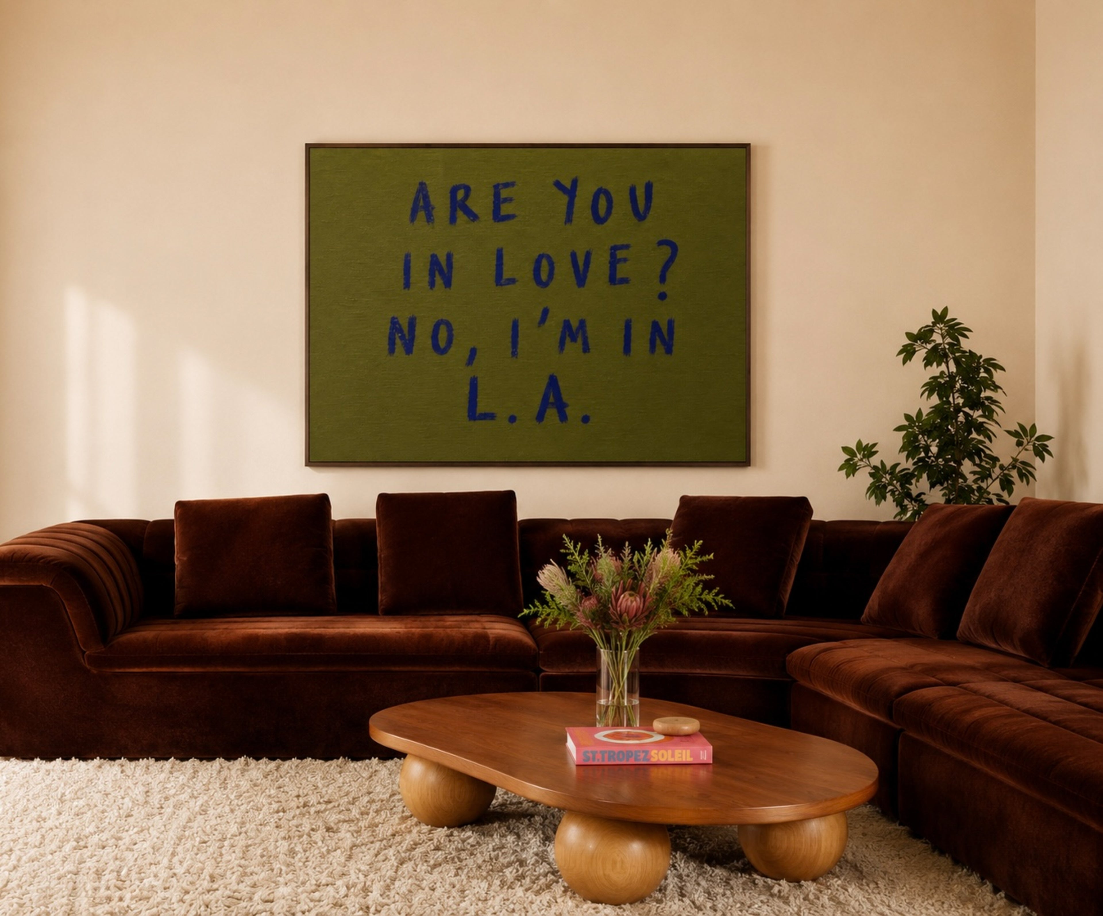 hand drawn trendy location / city  typography print in grafitti style with the quote "ARE YOU IN LOVE? NO, IM IN L.A." in a textured canva. This is a trendy minimalist typography wall art print ideal for above bed, bedrooms, dorm room decor, living rooms and kitchens, gallery walls and playful interiors. The perfect Cool Girl Apartment decor