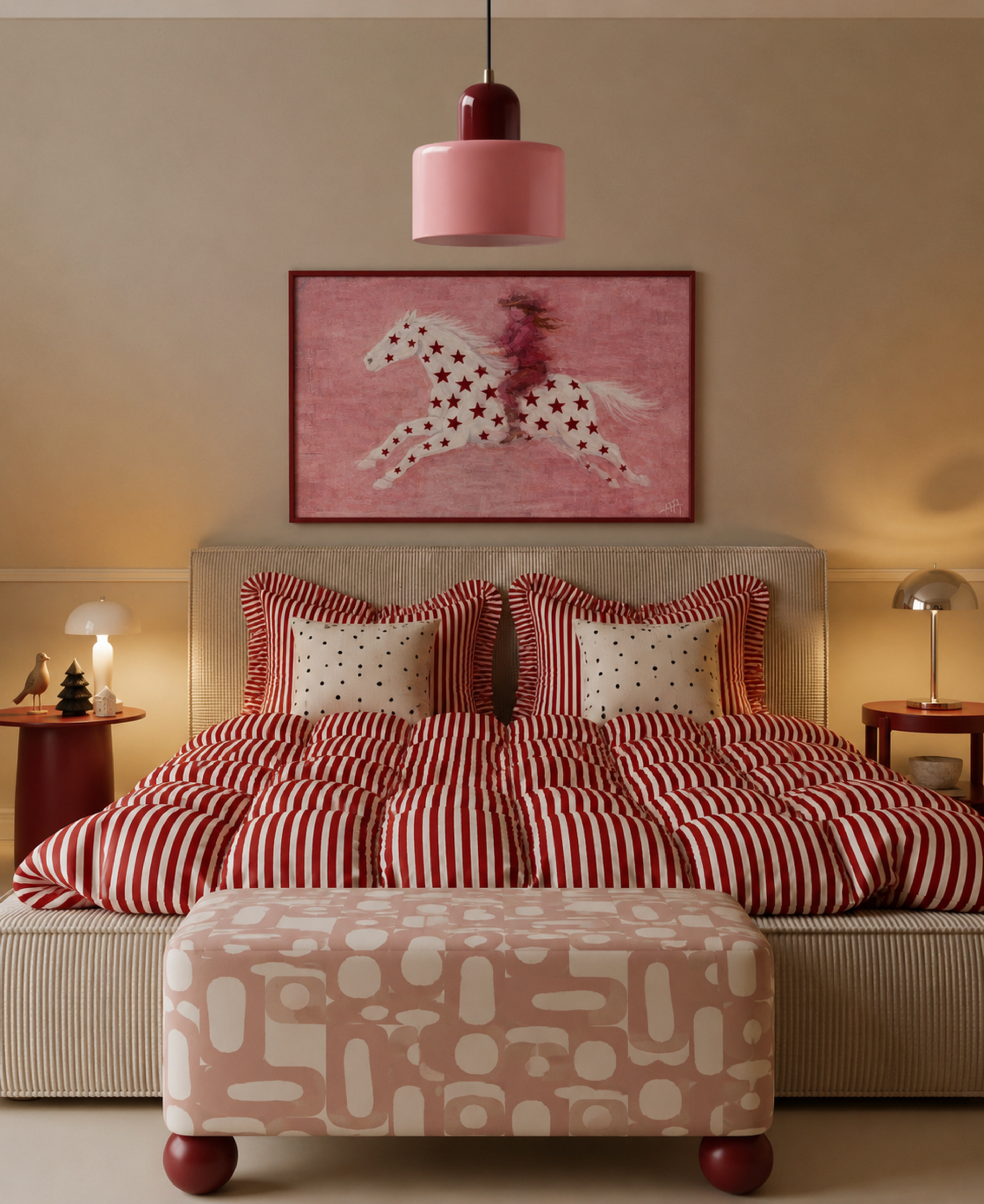 contemporary western folk style artwork of a cowgirl woman riding a star patterned horse with red burgundy stars on a pink background. hand drawn painterly effect