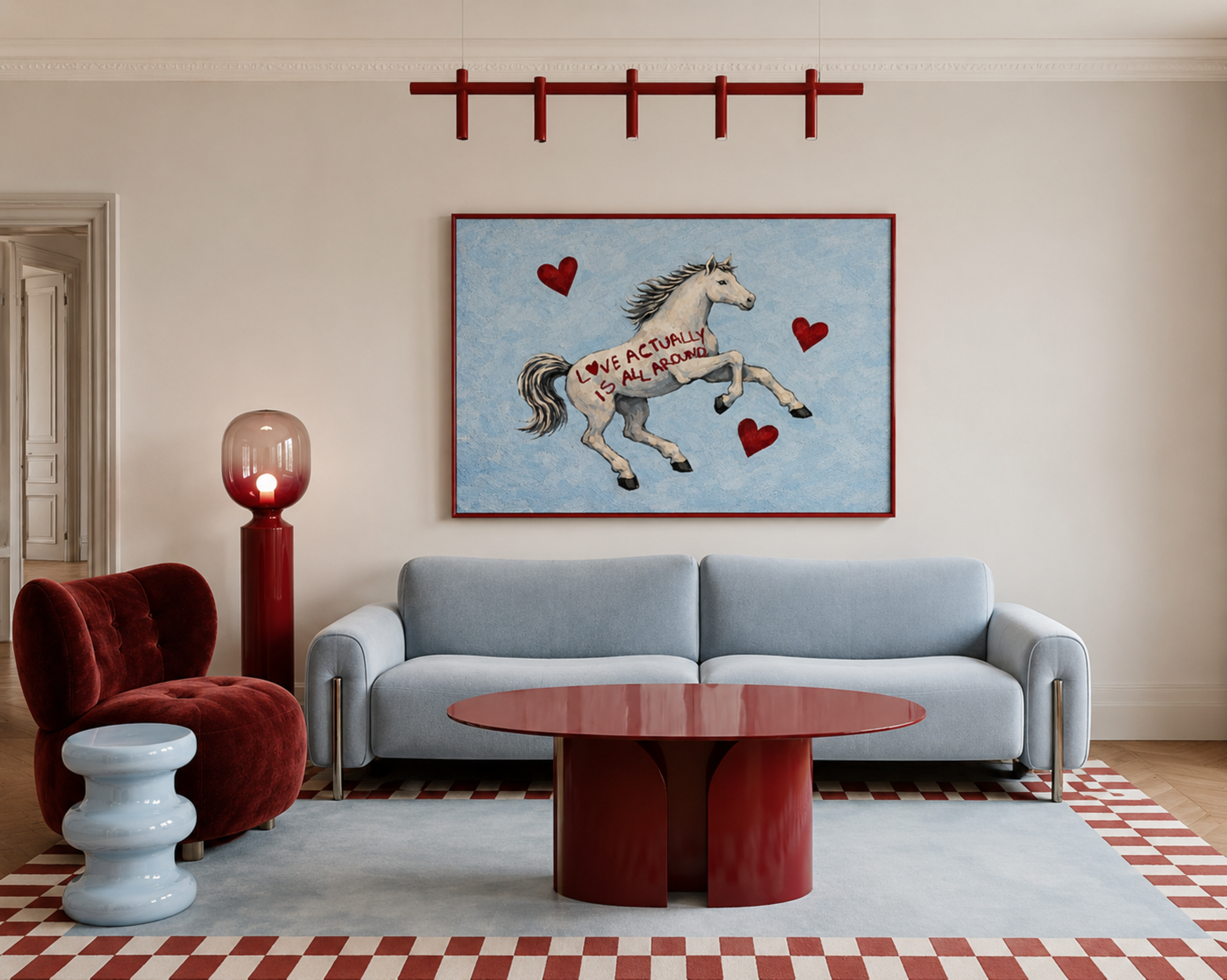 Symbolic Eclectic White Horse with red hearts and handwritten quote "Love Actually is All Around" on a soft blue background. This is a hand drawn Contemporary Folk art Print Oil Painting