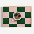 CAFE SOCIETY  is a contemporary minimal Coffee themed wall art print, with hand-drawn espresso coffee cup illustration on retro checkerboard pattern, adding charm and effortless character to kitchens, breakfast nooks, dining spaces, coffee stations and tea corners, a conversation piece Inspired by café culture, slow mornings, blending contemporary minimalism with playful illustration