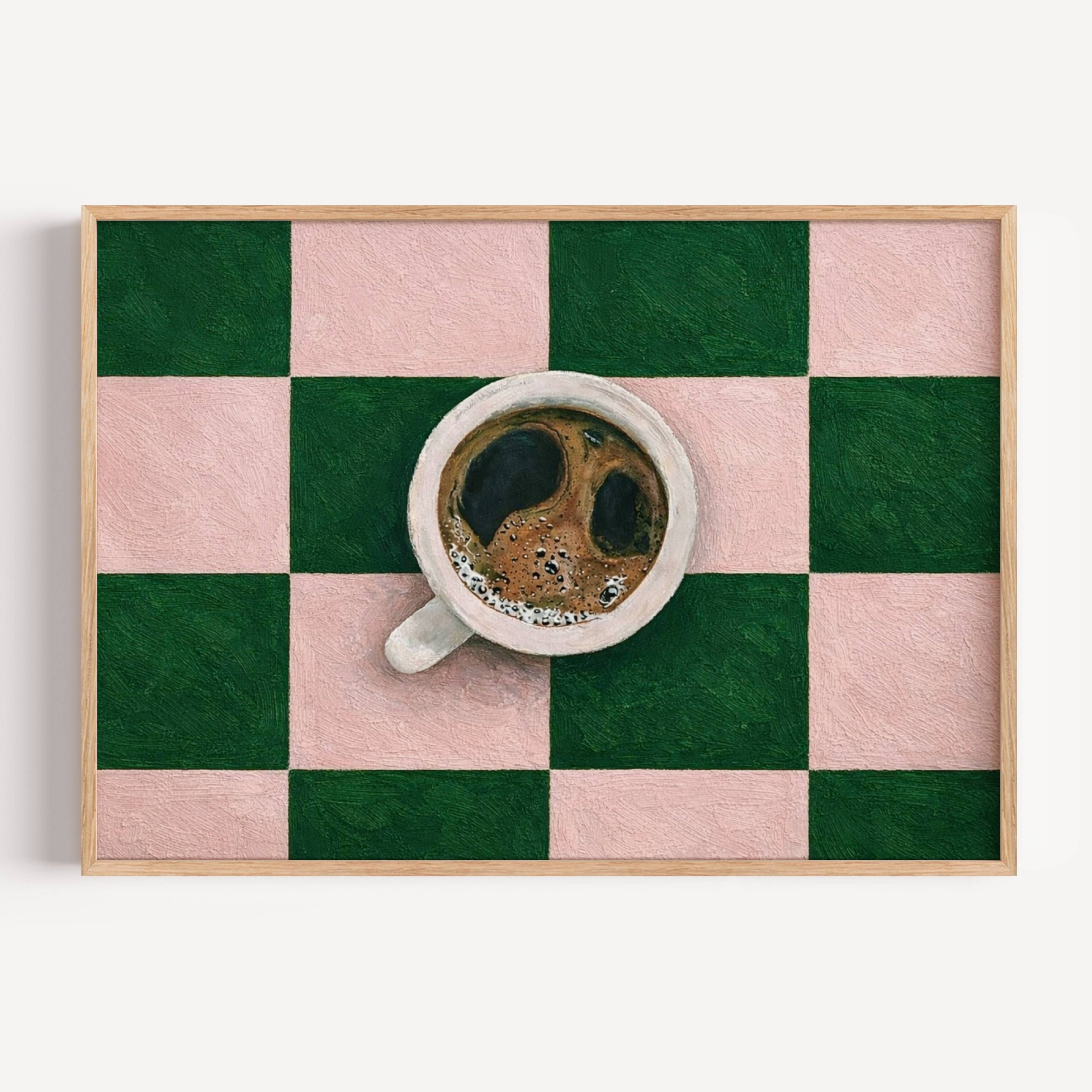 CAFE SOCIETY  is a contemporary minimal Coffee themed wall art print, with hand-drawn espresso coffee cup illustration on retro checkerboard pattern, adding charm and effortless character to kitchens, breakfast nooks, dining spaces, coffee stations and tea corners, a conversation piece Inspired by café culture, slow mornings, blending contemporary minimalism with playful illustration