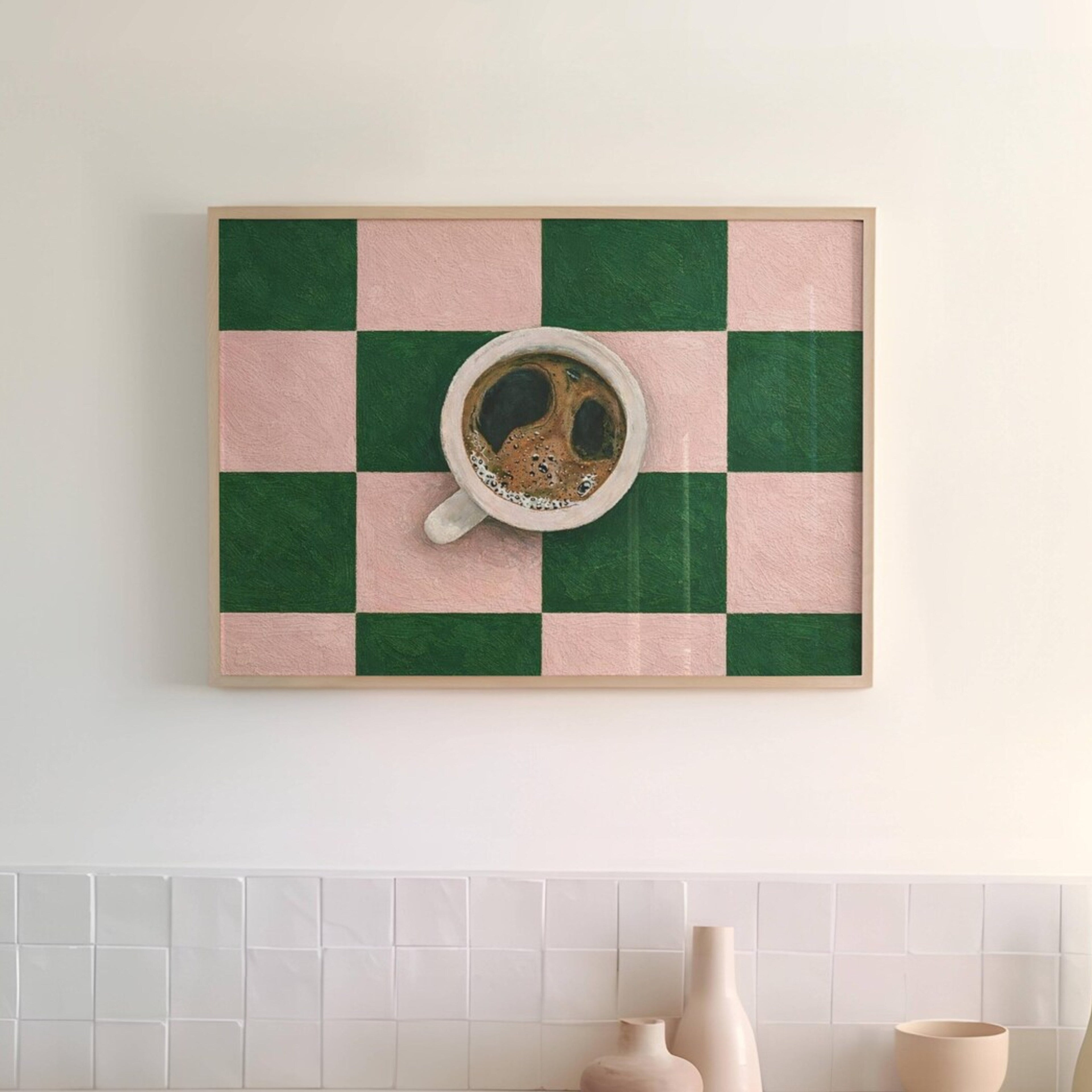 CAFE SOCIETY  is a contemporary minimal Coffee themed wall art print, with hand-drawn espresso coffee cup illustration on retro checkerboard pattern, adding charm and effortless character to kitchens, breakfast nooks, dining spaces, coffee stations and tea corners, a conversation piece Inspired by café culture, slow mornings, blending contemporary minimalism with playful illustration