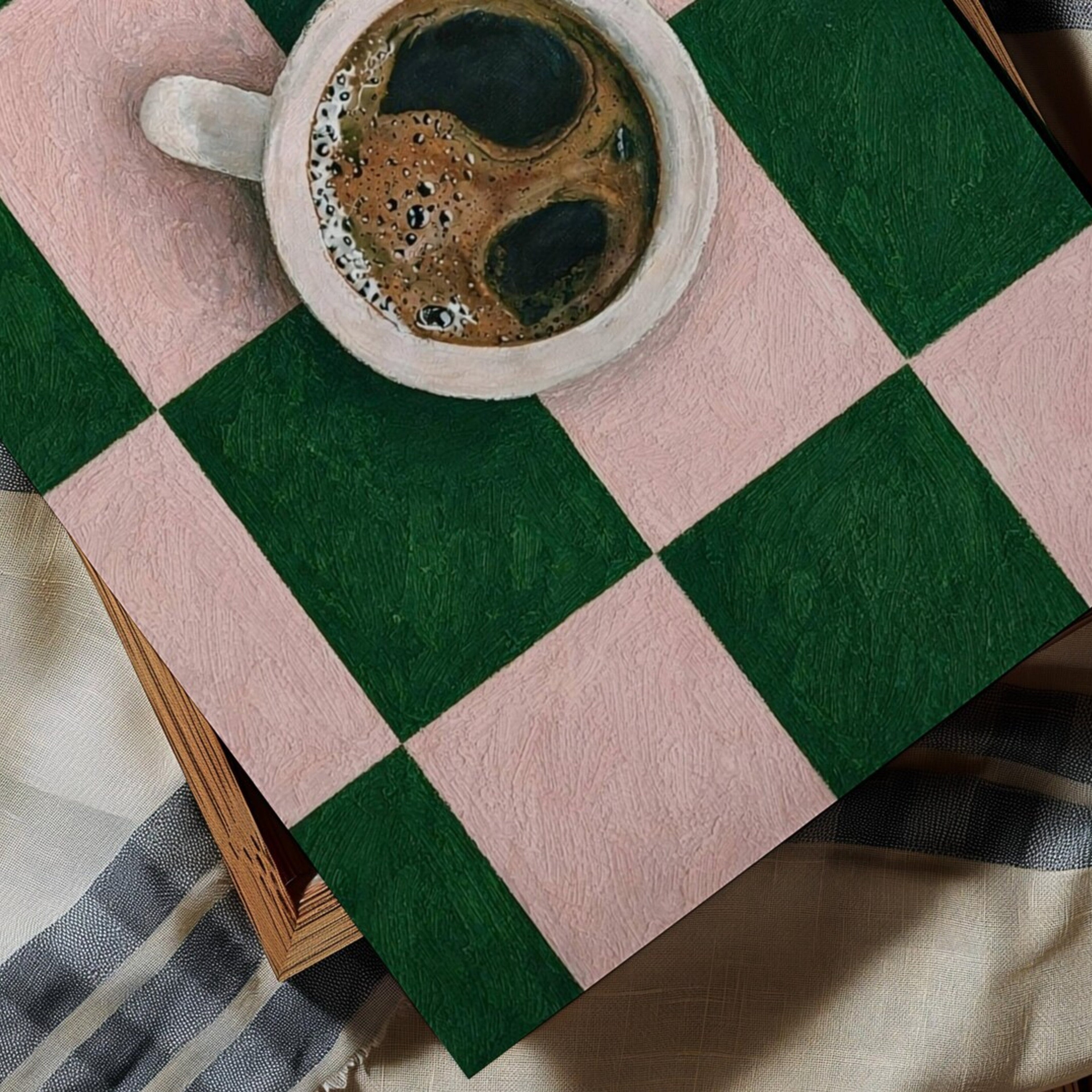 CAFE SOCIETY  is a contemporary minimal Coffee themed wall art print, with hand-drawn espresso coffee cup illustration on retro checkerboard pattern, adding charm and effortless character to kitchens, breakfast nooks, dining spaces, coffee stations and tea corners, a conversation piece Inspired by café culture, slow mornings, blending contemporary minimalism with playful illustration