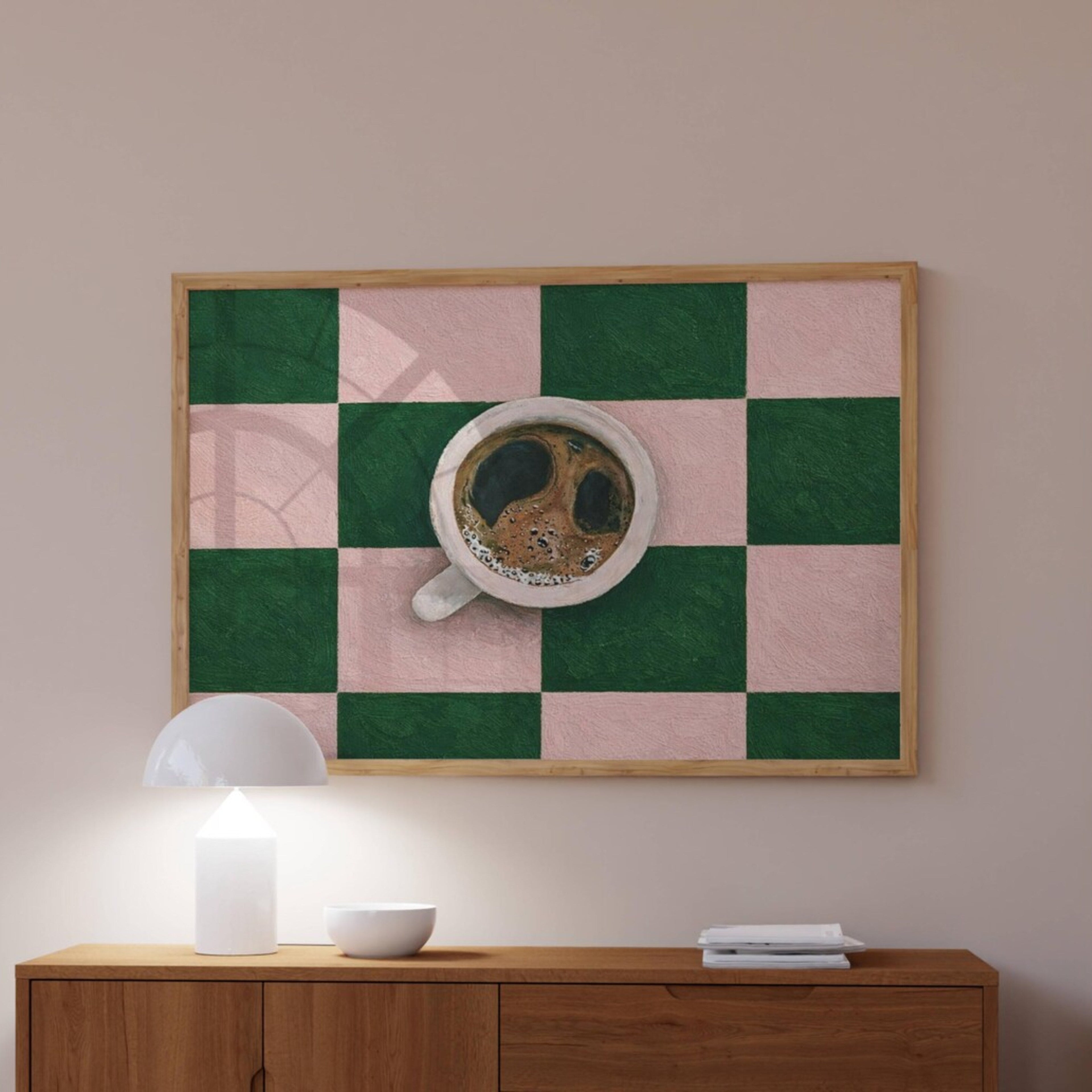 CAFE SOCIETY  is a contemporary minimal Coffee themed wall art print, with hand-drawn espresso coffee cup illustration on retro checkerboard pattern, adding charm and effortless character to kitchens, breakfast nooks, dining spaces, coffee stations and tea corners, a conversation piece Inspired by café culture, slow mornings, blending contemporary minimalism with playful illustration