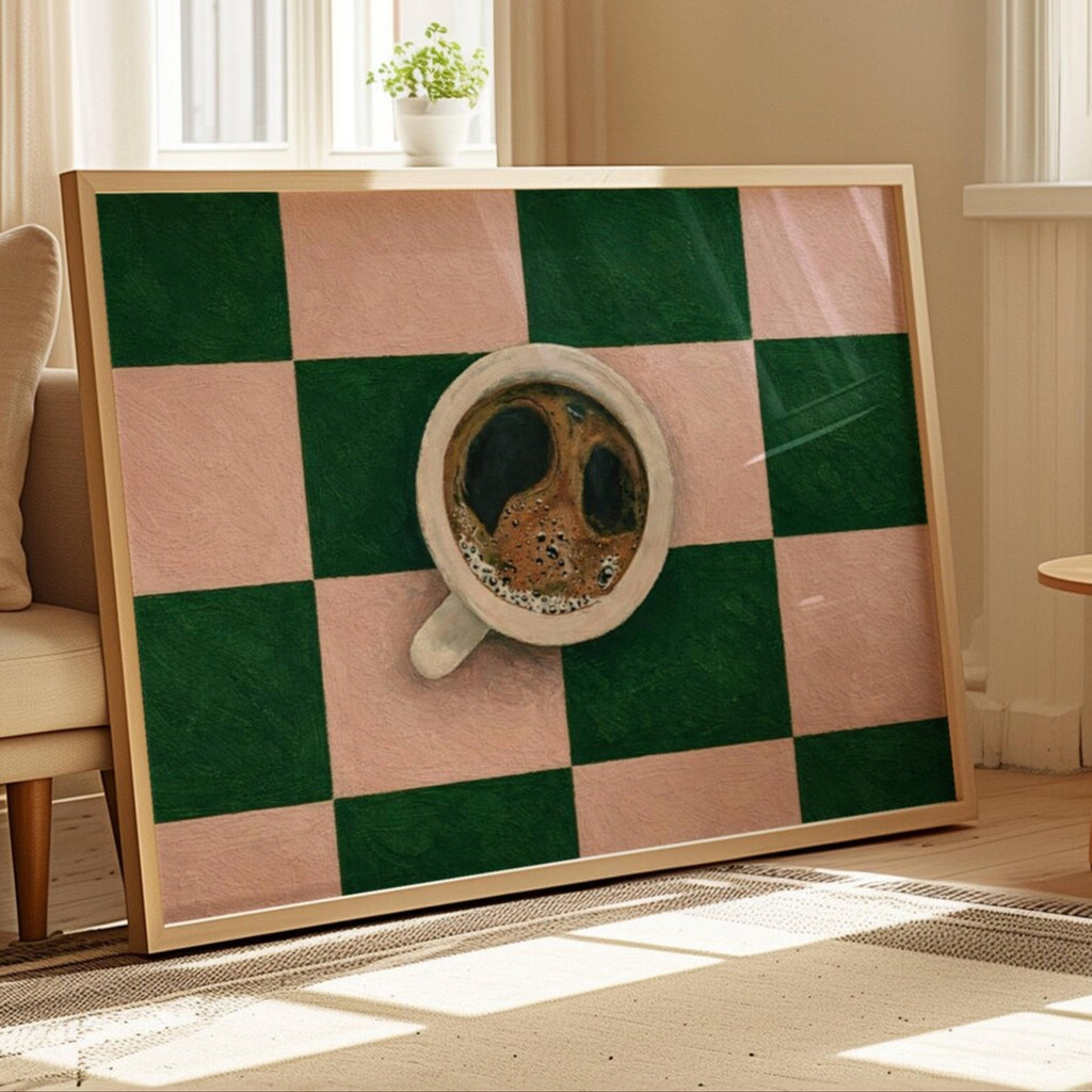 CAFE SOCIETY  is a contemporary minimal Coffee themed wall art print, with hand-drawn espresso coffee cup illustration on retro checkerboard pattern, adding charm and effortless character to kitchens, breakfast nooks, dining spaces, coffee stations and tea corners, a conversation piece Inspired by café culture, slow mornings, blending contemporary minimalism with playful illustration