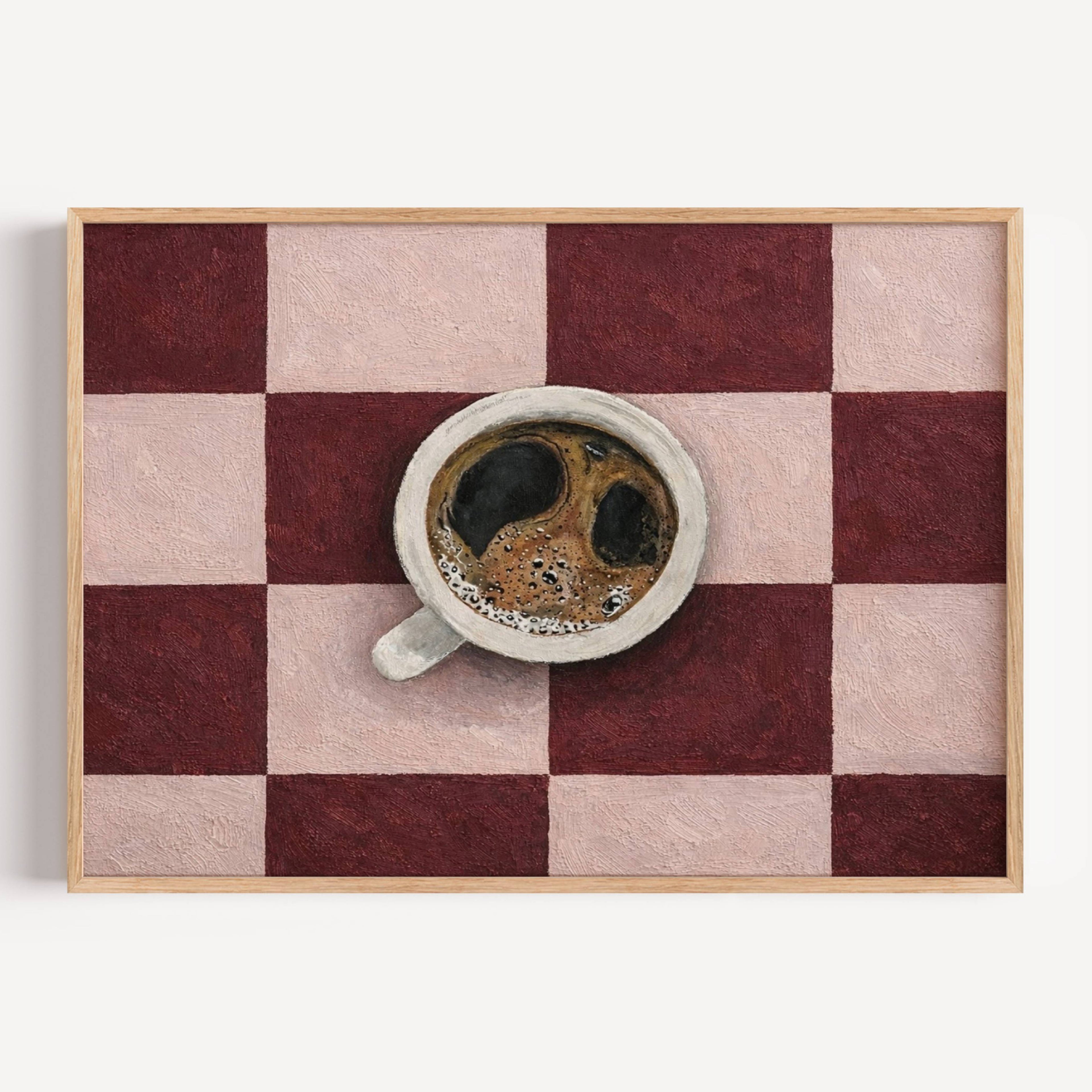 CAFE SOCIETY  is a contemporary minimal Coffee themed wall art print, with hand-drawn espresso coffee cup illustration on retro checkerboard pattern, adding charm and effortless character to kitchens, breakfast nooks, dining spaces, coffee stations and tea corners, a conversation piece Inspired by café culture, slow mornings, blending contemporary minimalism with playful illustration