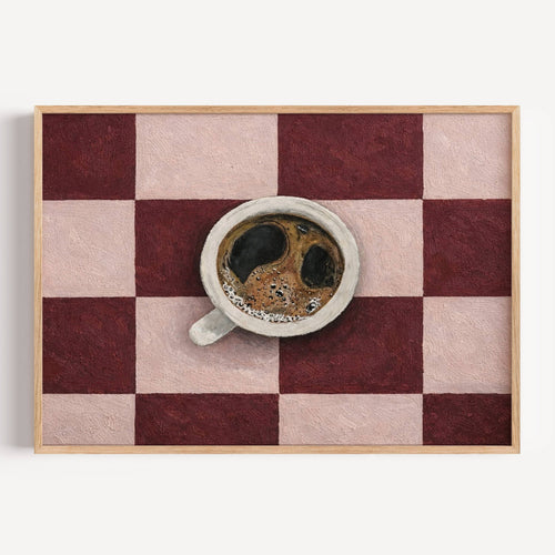 CAFE SOCIETY  is a contemporary minimal Coffee themed wall art print, with hand-drawn espresso coffee cup illustration on retro checkerboard pattern, adding charm and effortless character to kitchens, breakfast nooks, dining spaces, coffee stations and tea corners, a conversation piece Inspired by café culture, slow mornings, blending contemporary minimalism with playful illustration
