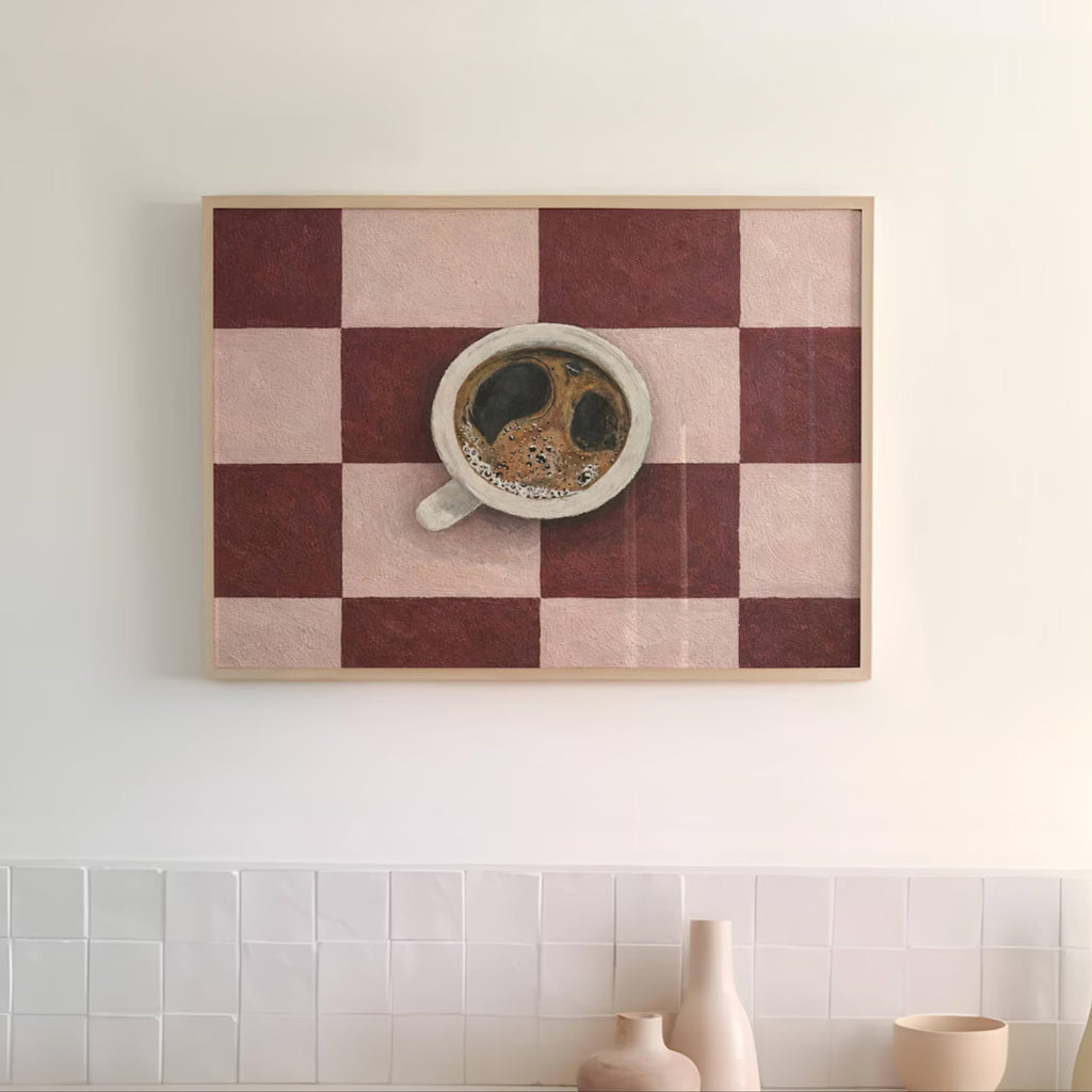CAFE SOCIETY  is a contemporary minimal Coffee themed wall art print, with hand-drawn espresso coffee cup illustration on retro checkerboard pattern, adding charm and effortless character to kitchens, breakfast nooks, dining spaces, coffee stations and tea corners, a conversation piece Inspired by café culture, slow mornings, blending contemporary minimalism with playful illustration