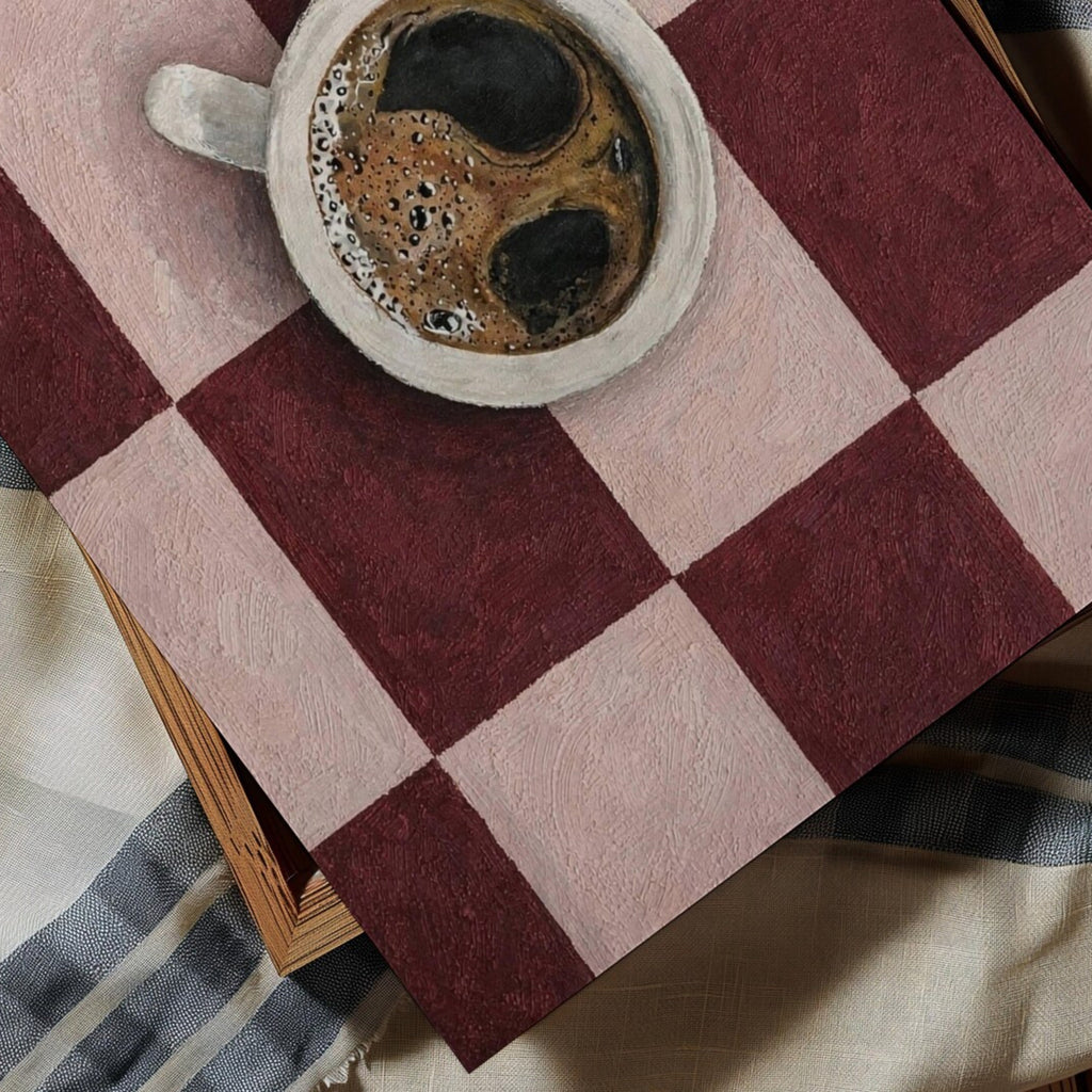 CAFE SOCIETY  is a contemporary minimal Coffee themed wall art print, with hand-drawn espresso coffee cup illustration on retro checkerboard pattern, adding charm and effortless character to kitchens, breakfast nooks, dining spaces, coffee stations and tea corners, a conversation piece Inspired by café culture, slow mornings, blending contemporary minimalism with playful illustration