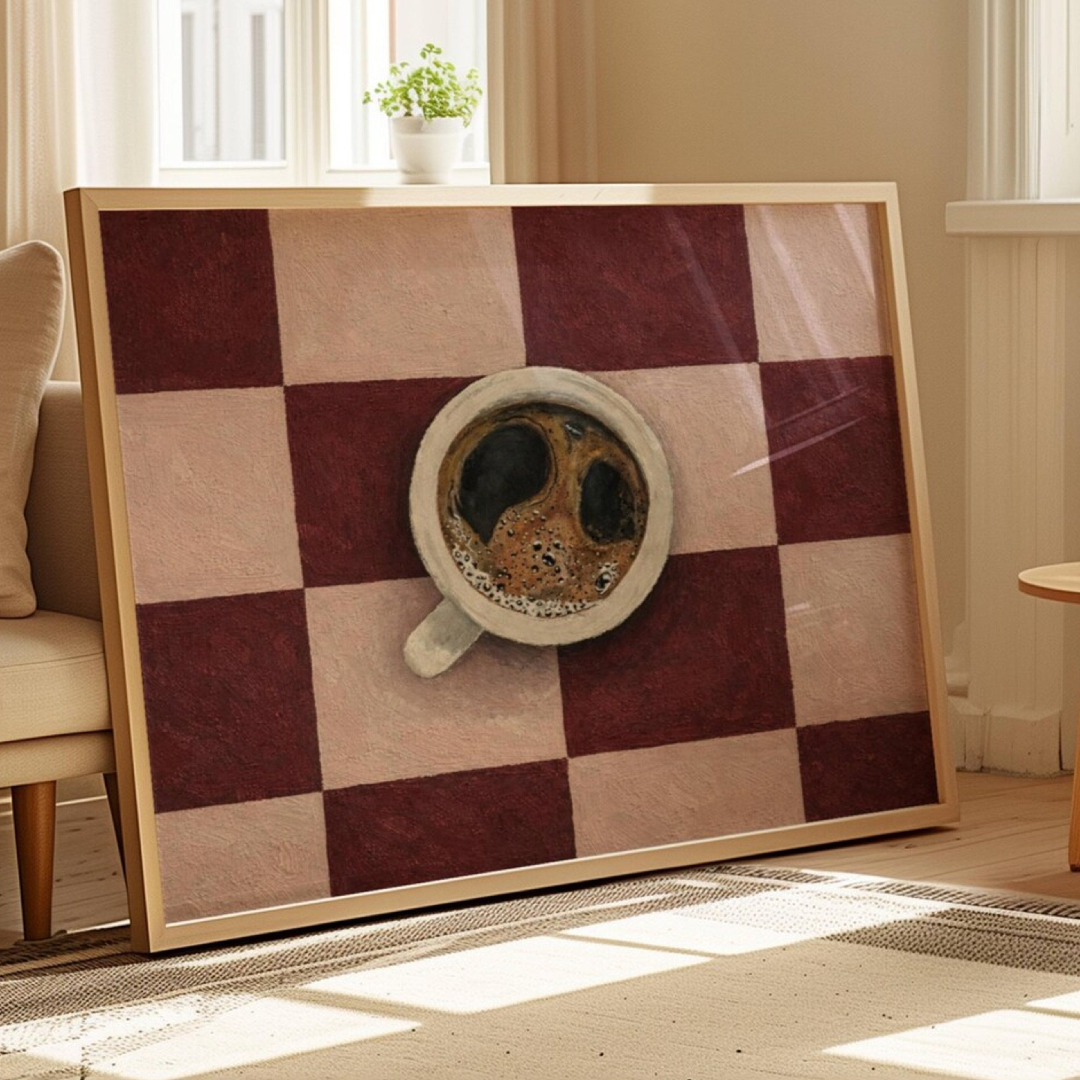 CAFE SOCIETY  is a contemporary minimal Coffee themed wall art print, with hand-drawn espresso coffee cup illustration on retro checkerboard pattern, adding charm and effortless character to kitchens, breakfast nooks, dining spaces, coffee stations and tea corners, a conversation piece Inspired by café culture, slow mornings, blending contemporary minimalism with playful illustration