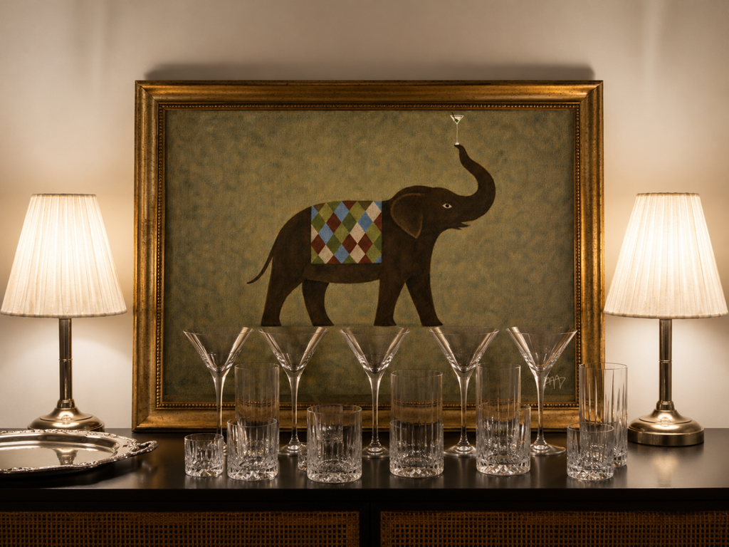close up of a surreal elephant art print with a martini detail, in earthy khaki tones with a painterly texture. It is a hand drawn oil painting, figurative animal art. contemporary, mid century modern style